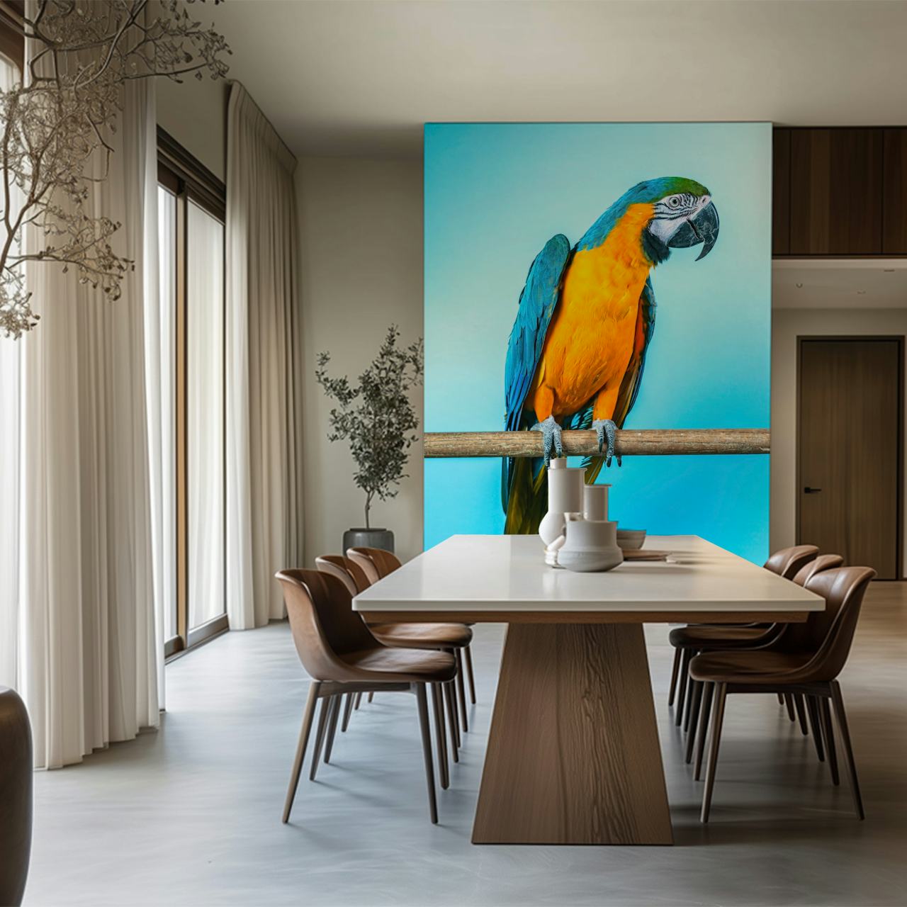 Vibrant parrot wallpaper in a room