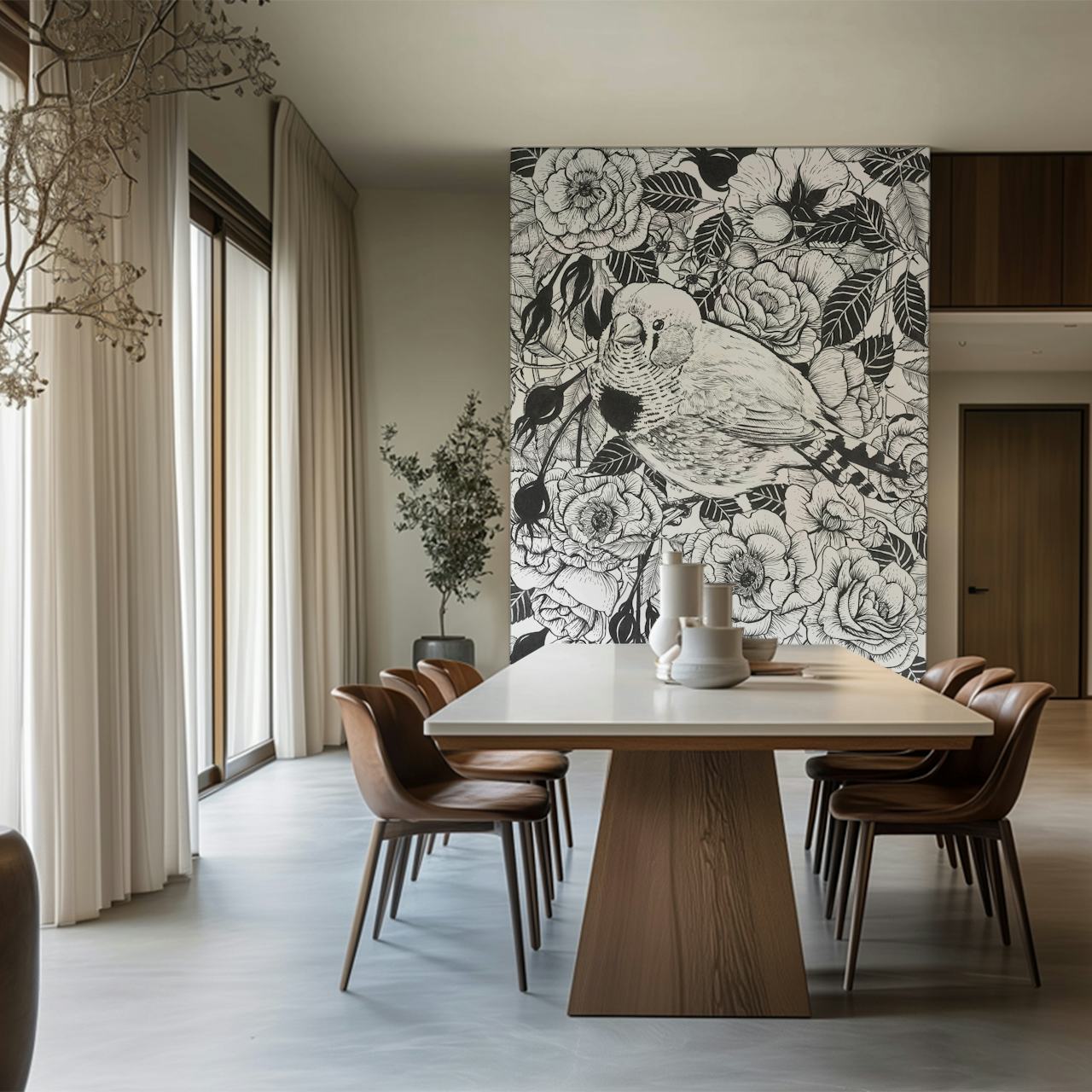 Bläckteckning av en zebrafink bland blommönster väggmålning