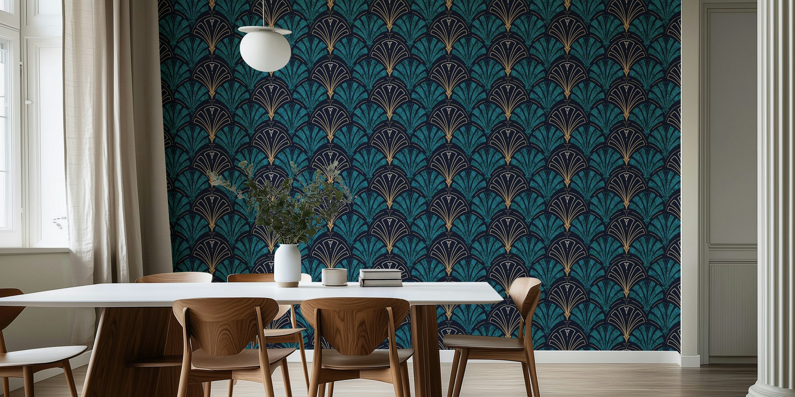 Art Deco pattern in gold and teal on dark background wallpaper