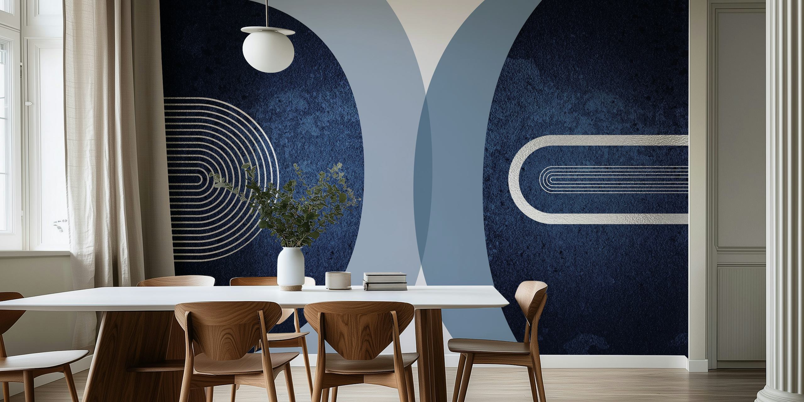Navy Blue en Silver moderne behang in een kamer