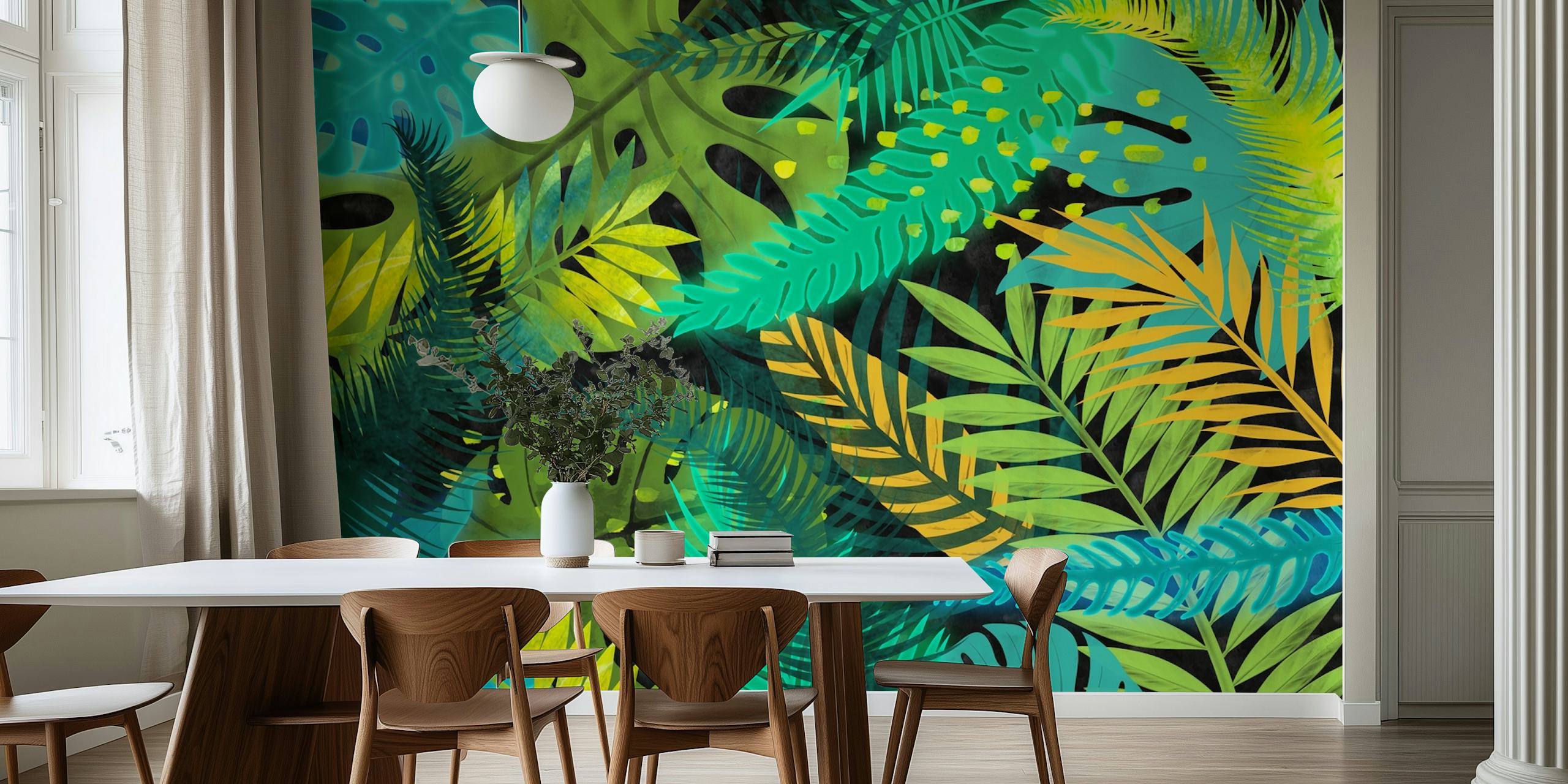 Lush green leaf patterns with blue and yellow accents wallpaper