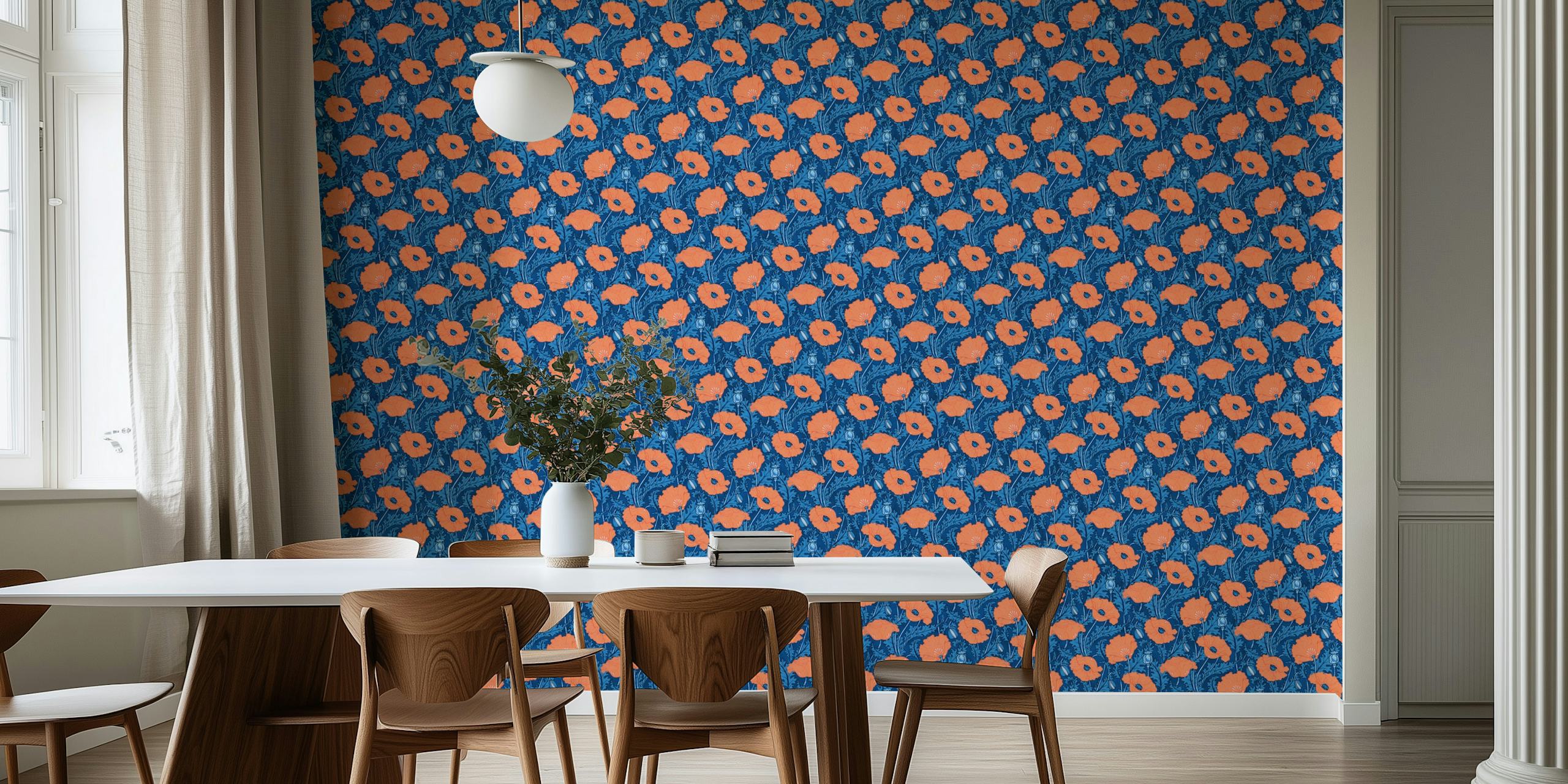 Poppies in orange cobal blue wallpaper design