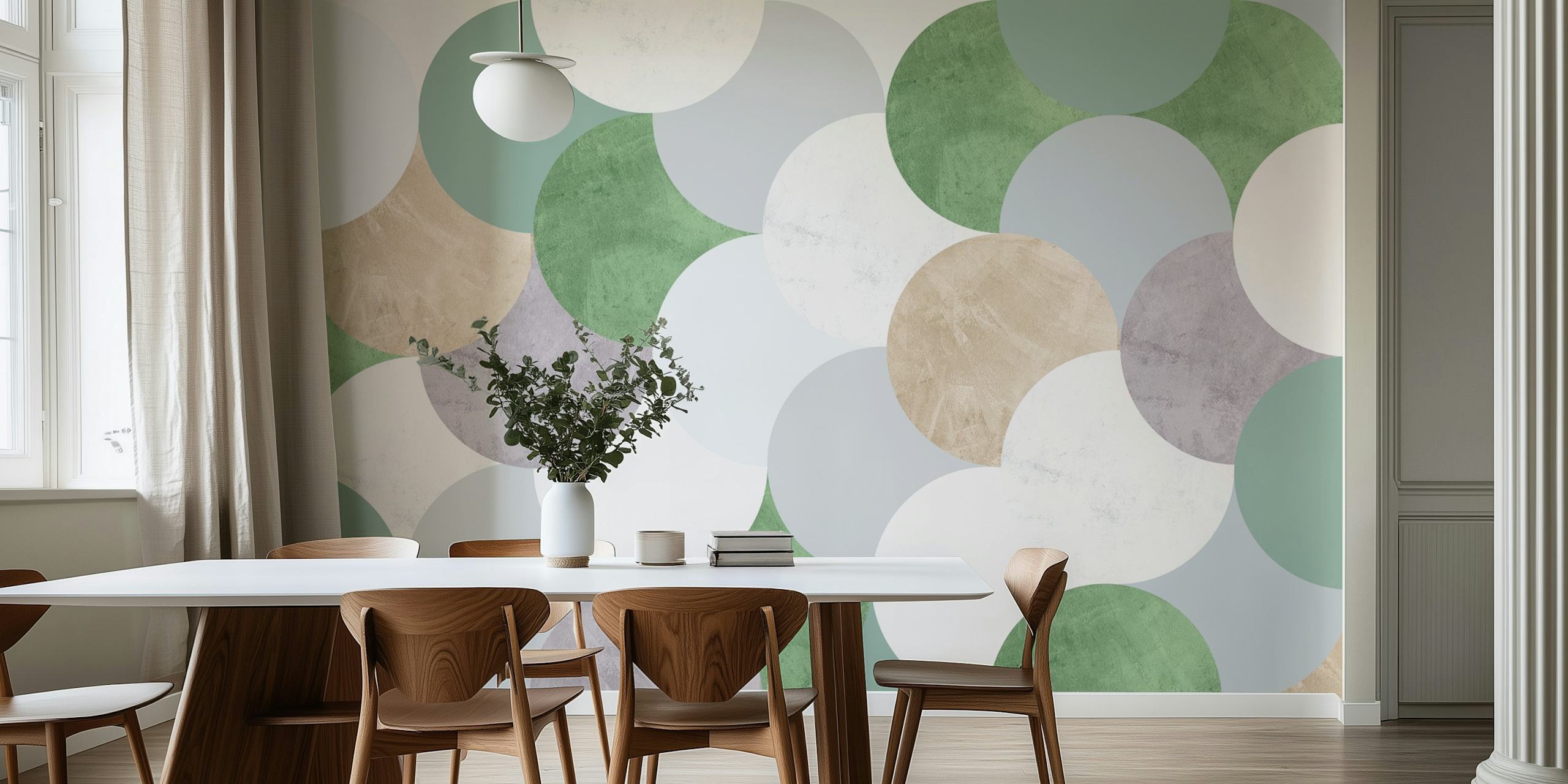 Geometric wallpaper featuring overlapping circles in green, white, beige, and gray
