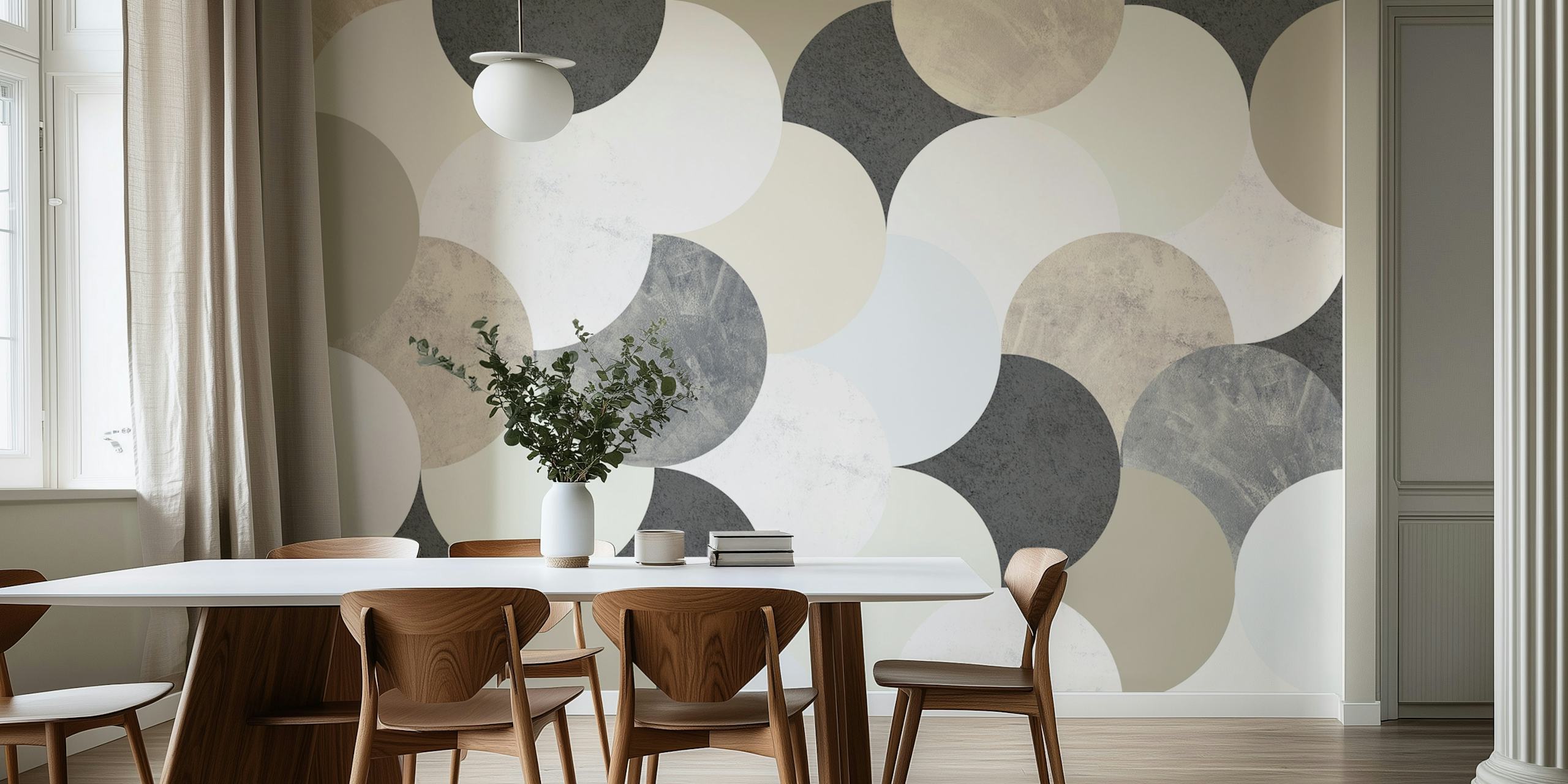Geometric circle patterns in beige, grey, white, and light blue wallpaper