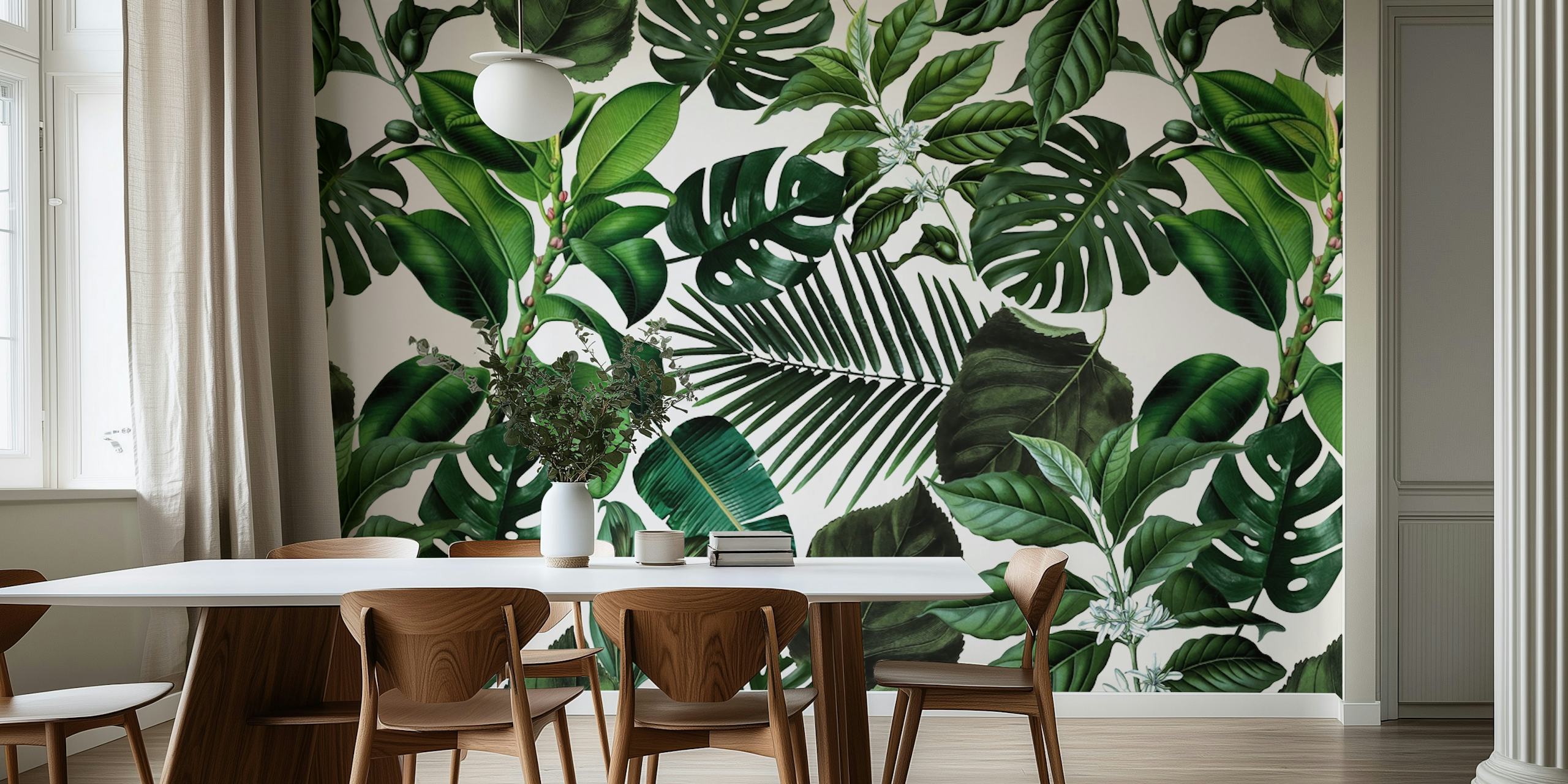 Tropical leaves wall mural with monstera and fern patterns