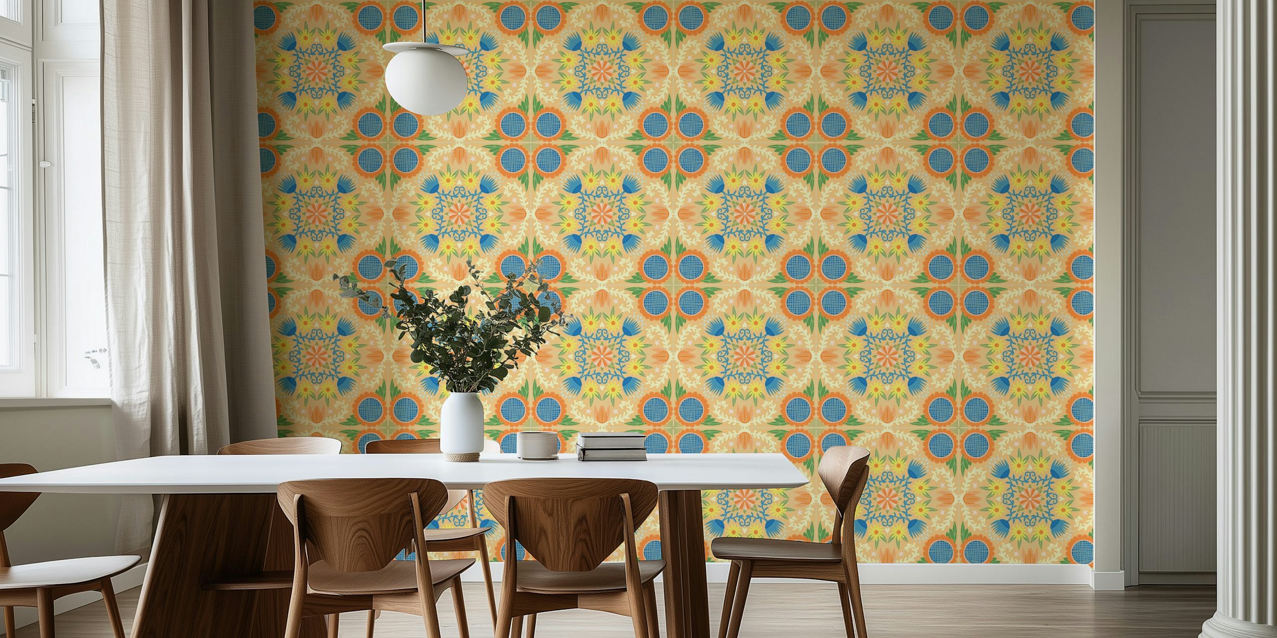 Colorful folk quilt pattern with yellow, blue, and orange on wallpaper