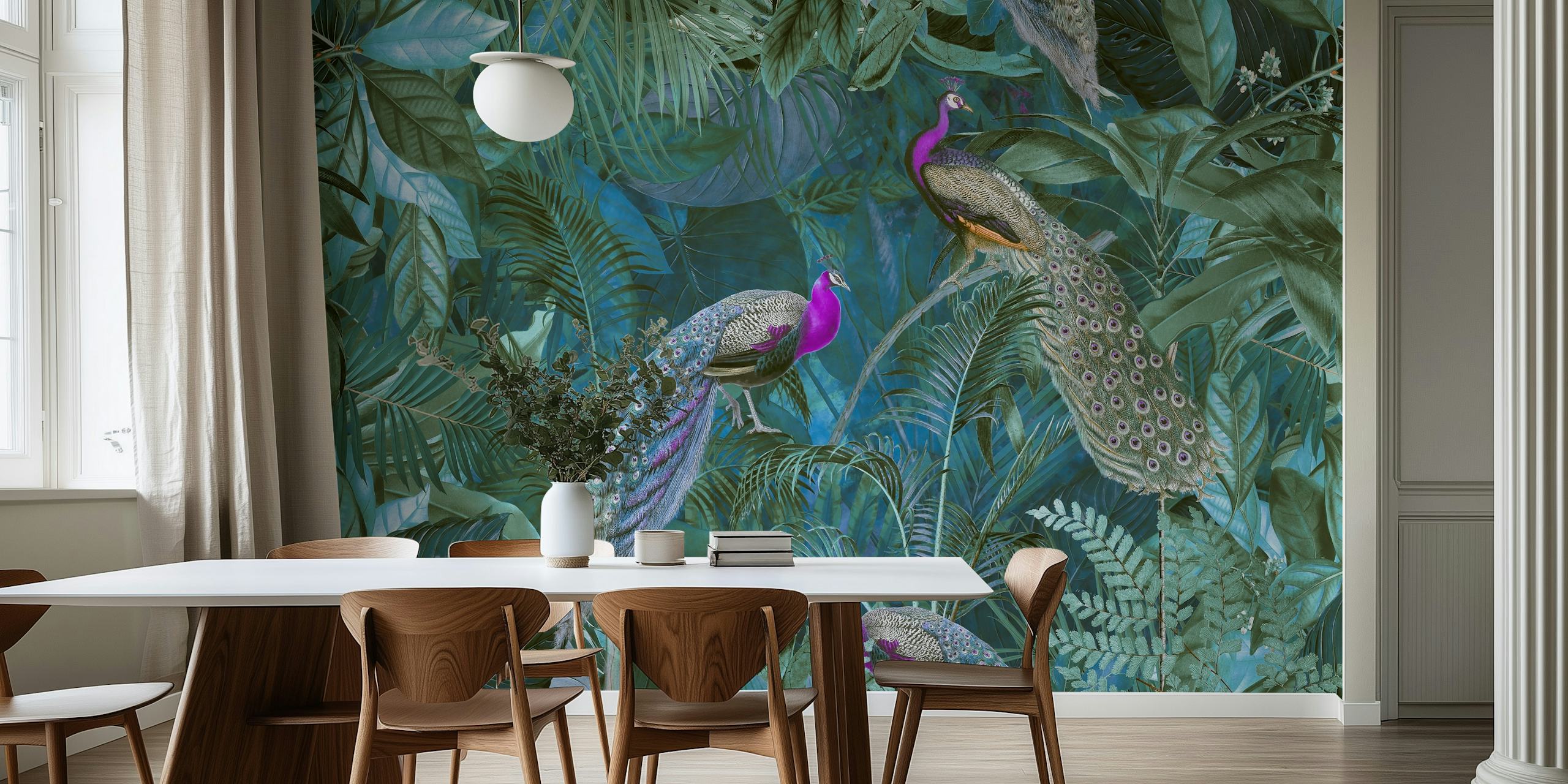 Tropical peacock wallpaper featuring lush green leaves and vibrant peacocks