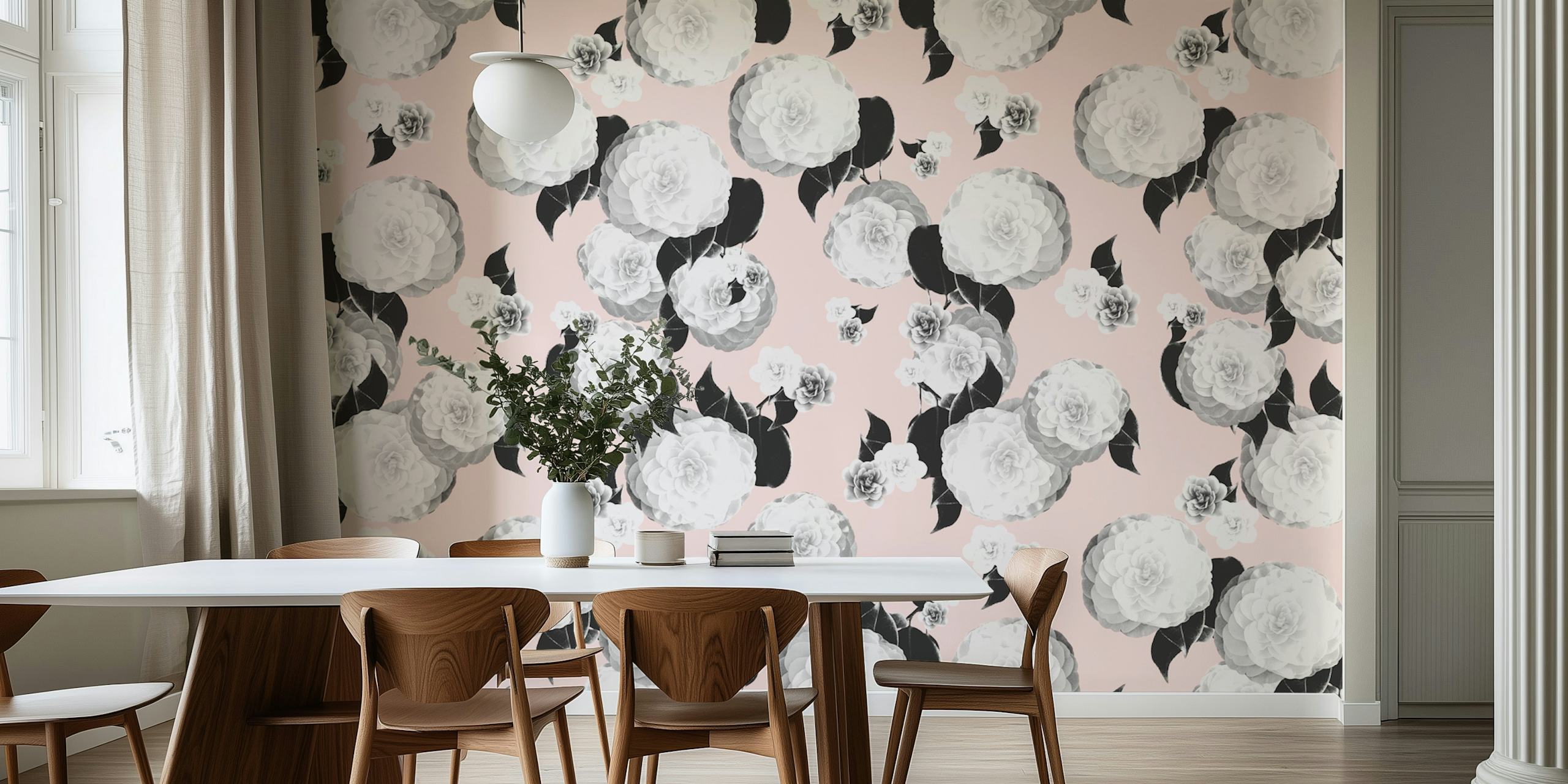 Soft pink wall mural with white spring flowers pattern for interior decor
