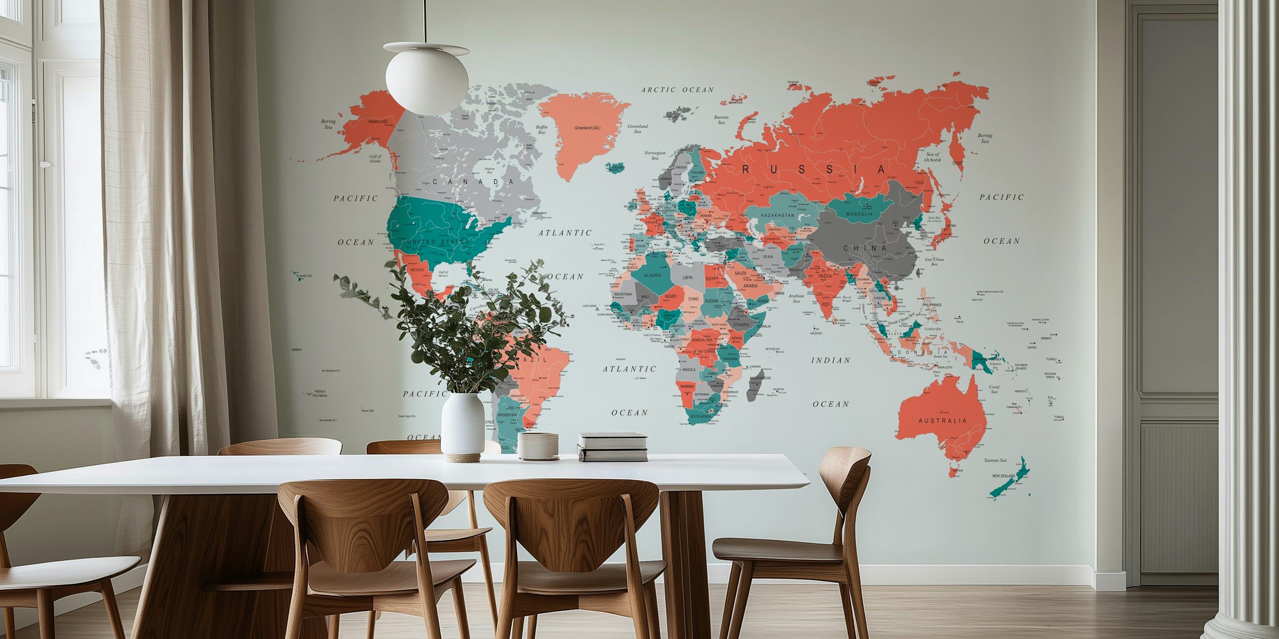 World map in coral, teal, and grey colors, modern wallpaper