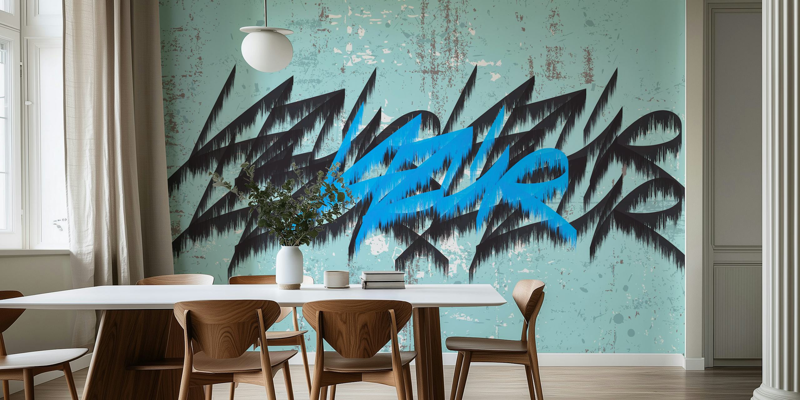 Colorful graffiti style artwork with blue and black patterns wallpaper