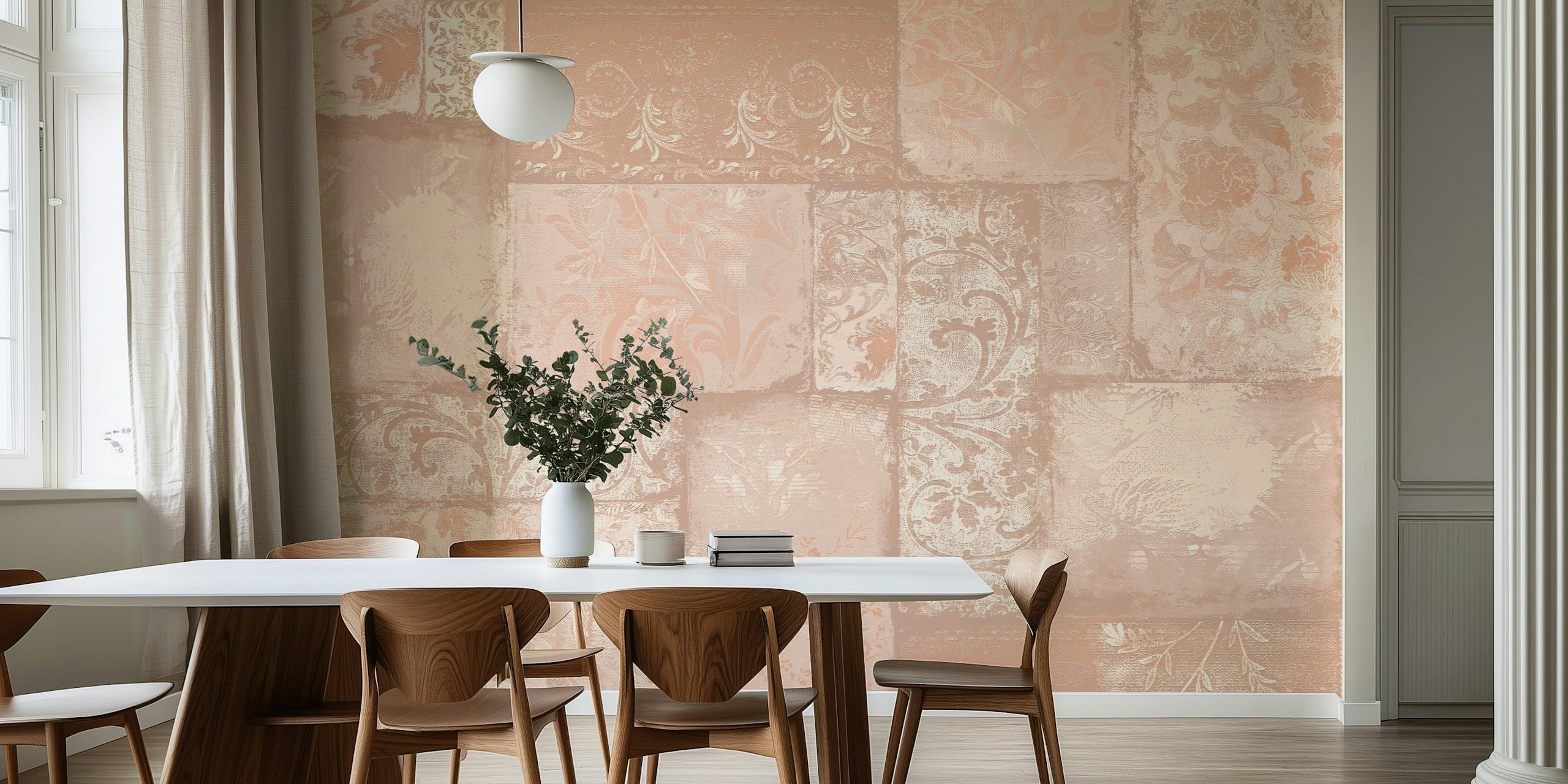 Beige patchwork wallpaper with floral patterns, classic bohemian style wallpaper