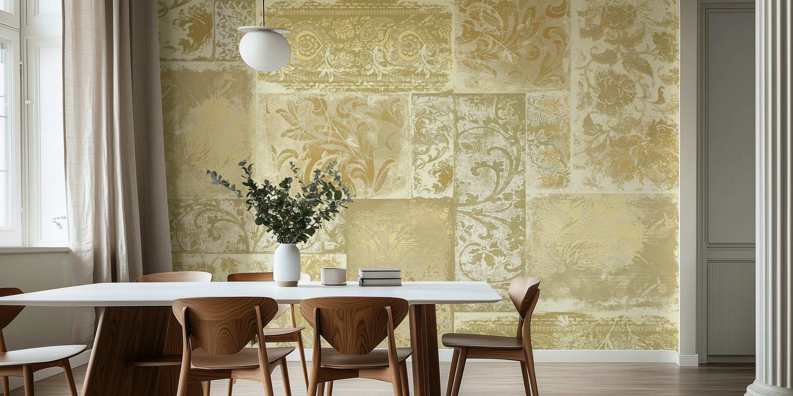 Bohemian Patchwork olive cream wallpaper in a room