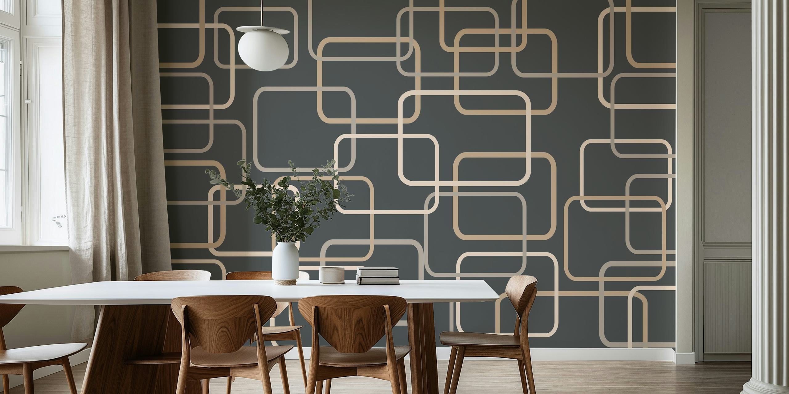 Midcentury geometrisk mønstret vægmaleri i nuancer af grå, creme og beige
