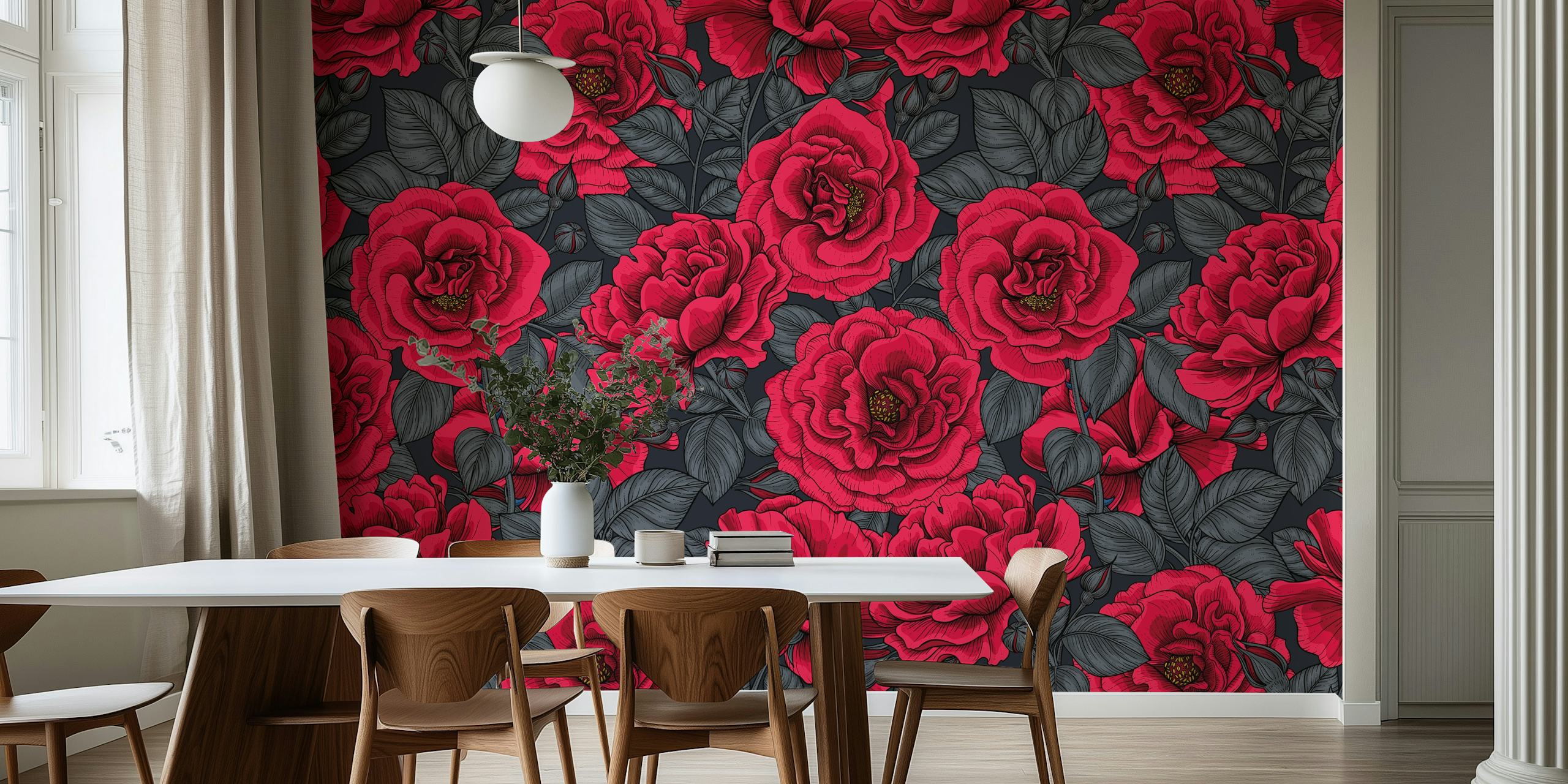 Red roses with green leaves on dark background wallpaper