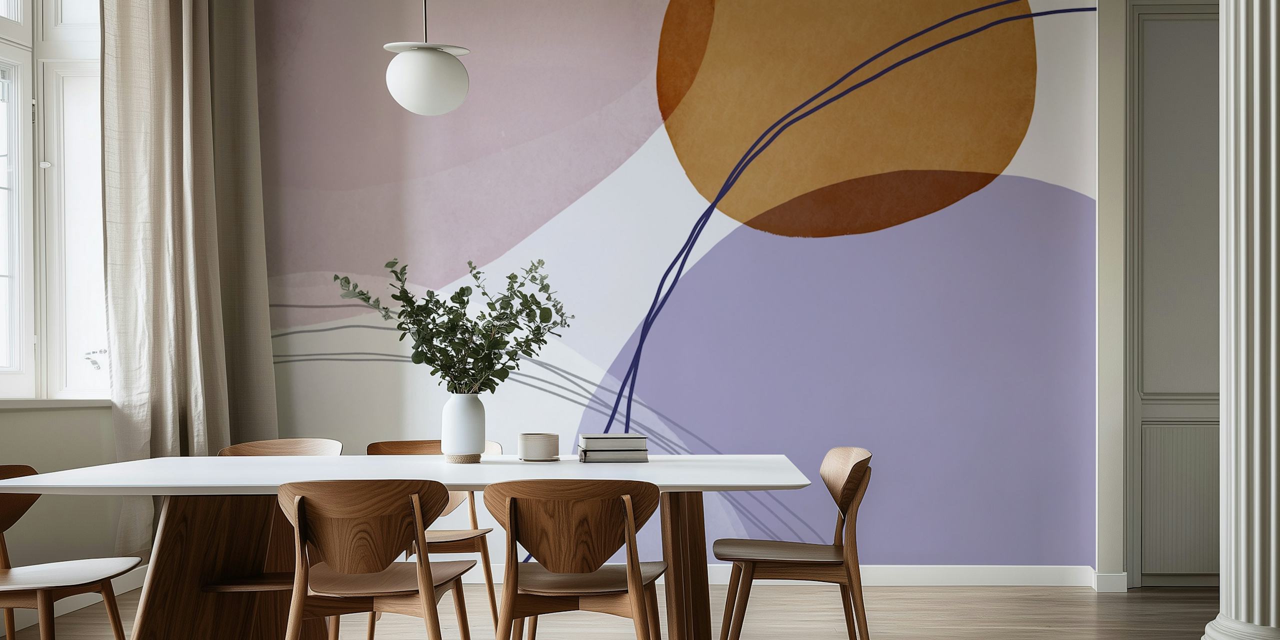 Abstract pastel shapes in lavender, cream, and brown colors wallpaper