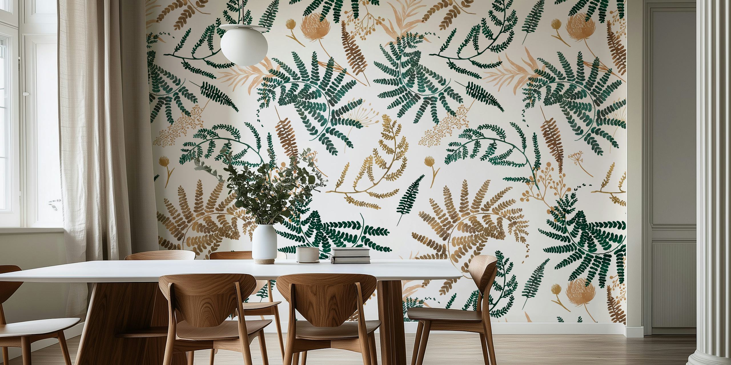 Green ferns and delicate plants on white background wallpaper