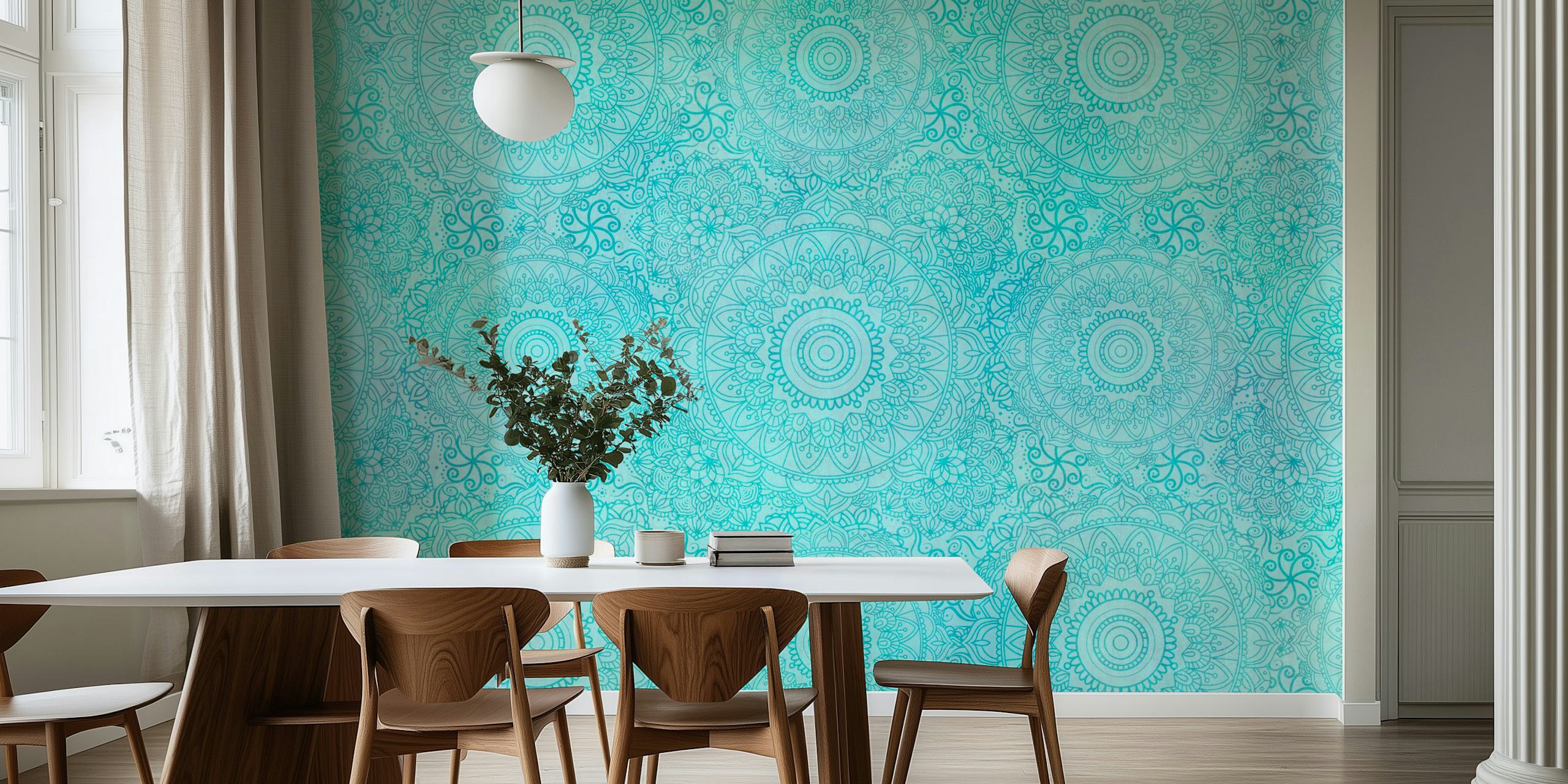 Ταπετσαρία Turquoise Mandala Art που προβάλλεται σε ένα δωμάτιο