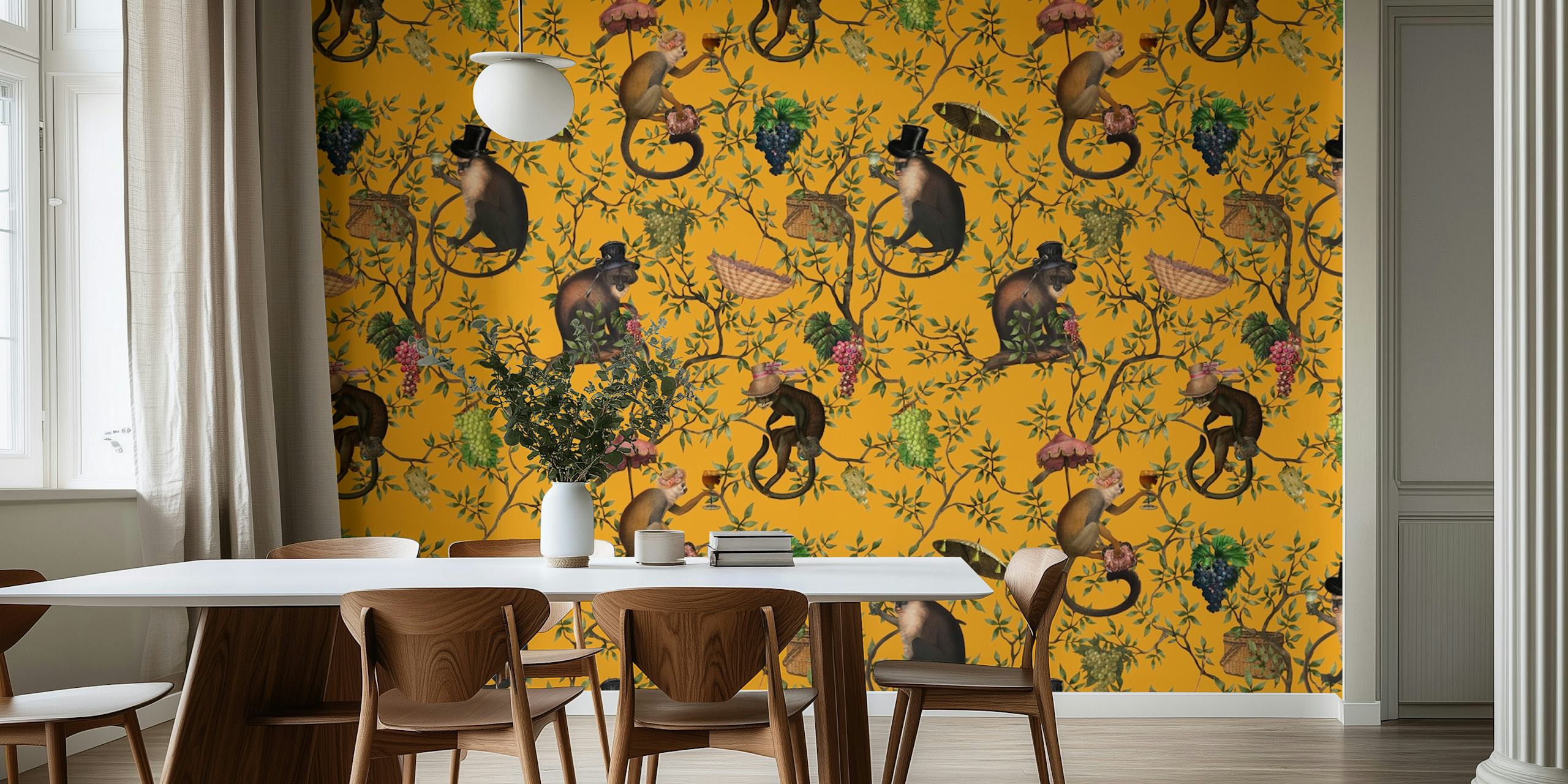 Colorful monkey garden party design with grapes and leaves wallpaper