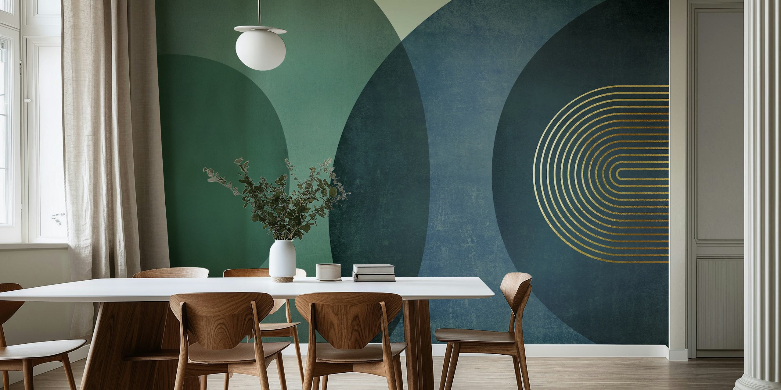 Blue geometric wallpaper with curved shapes and golden lines