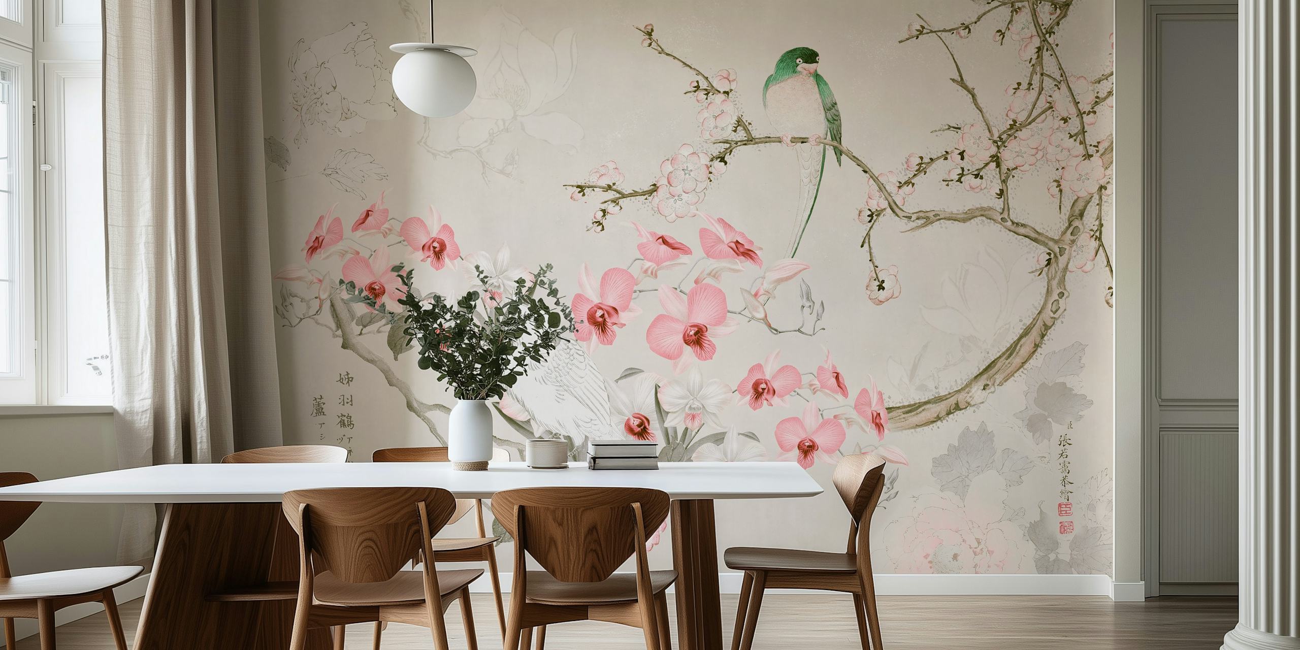 Chinoiserie fotobehang met een kaketoe op bloeiende takken