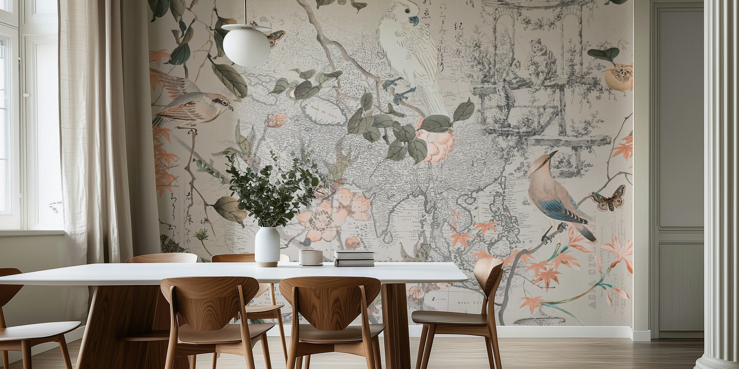 Chinoiserie floral wallpaper with birds, blossoms, and Chinese motifs in soft colors