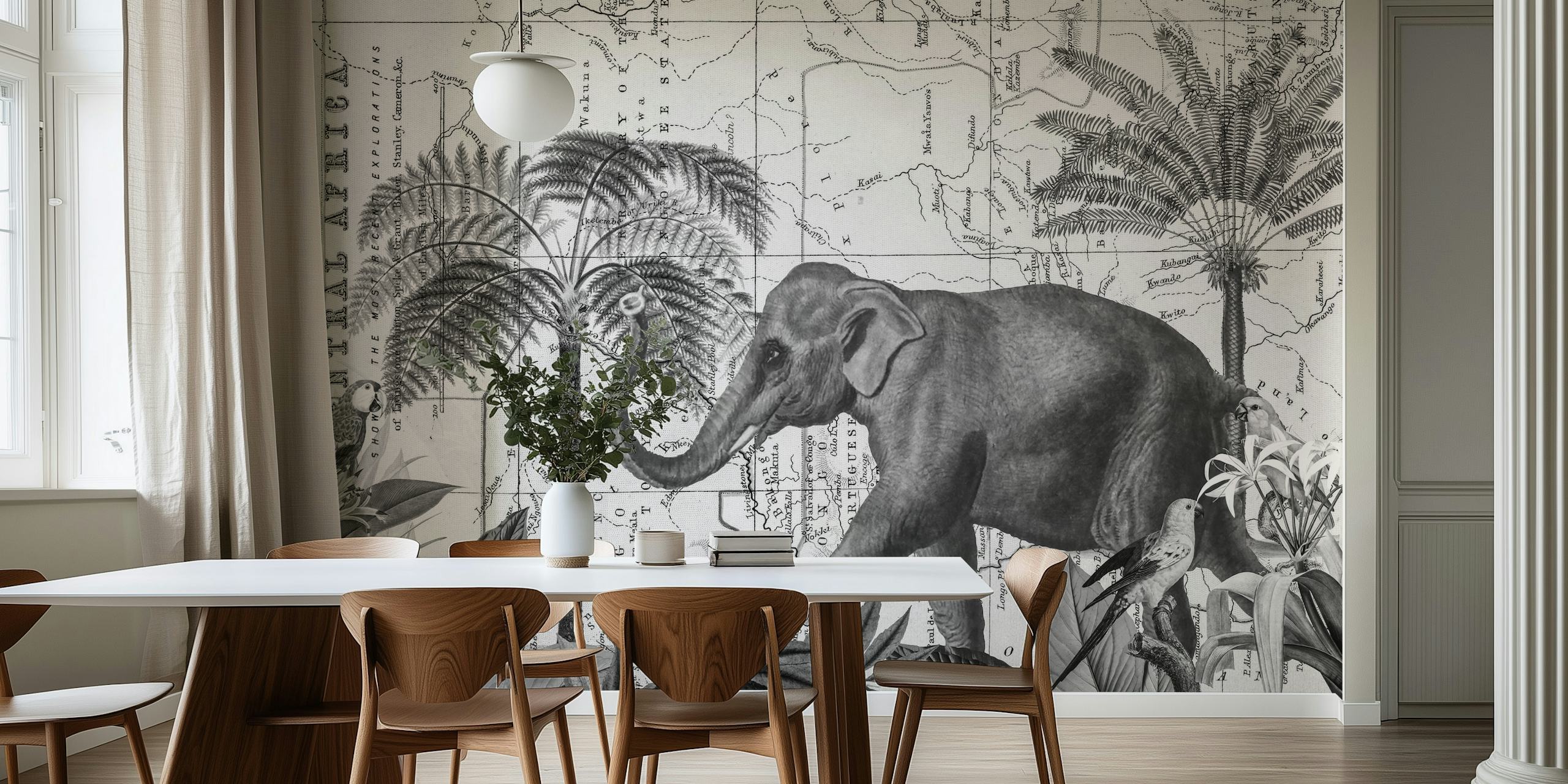 Monochrome African Elephant in Jungle Wall Mural
