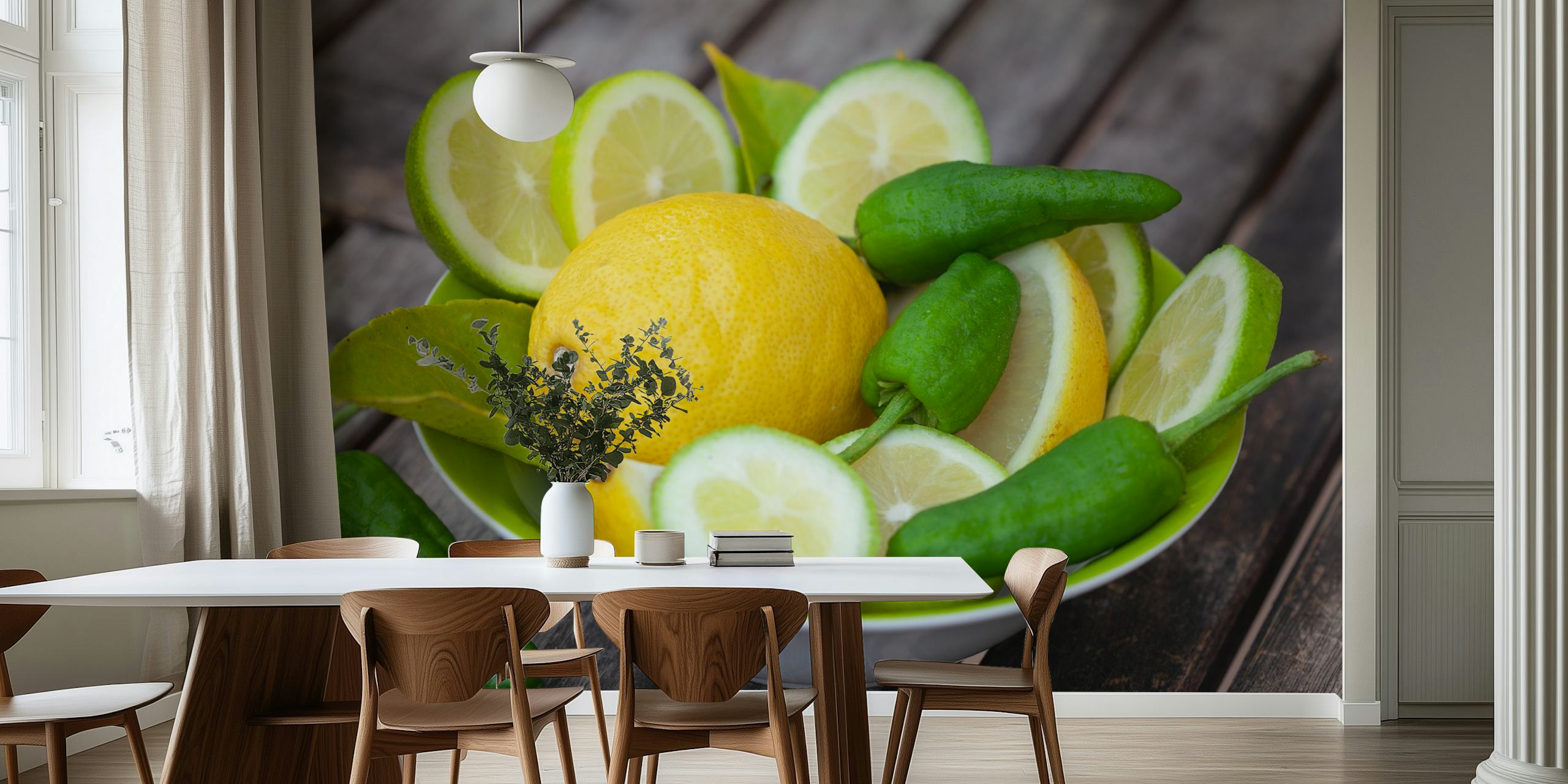 Bright lemon and green pepper design wallpaper