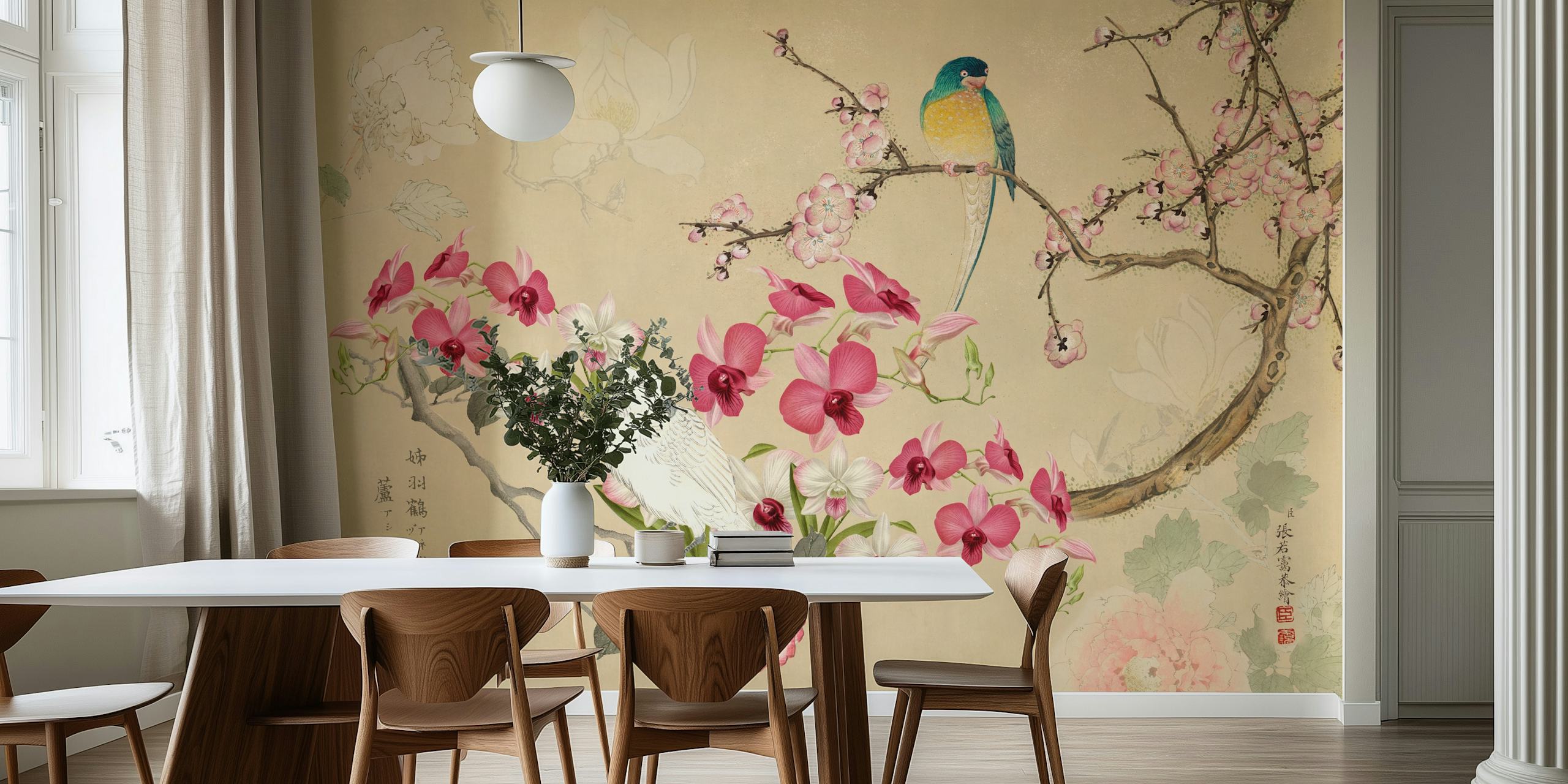 Design tapet Floral Chinoiserie Cockatoo w pomieszczeniu