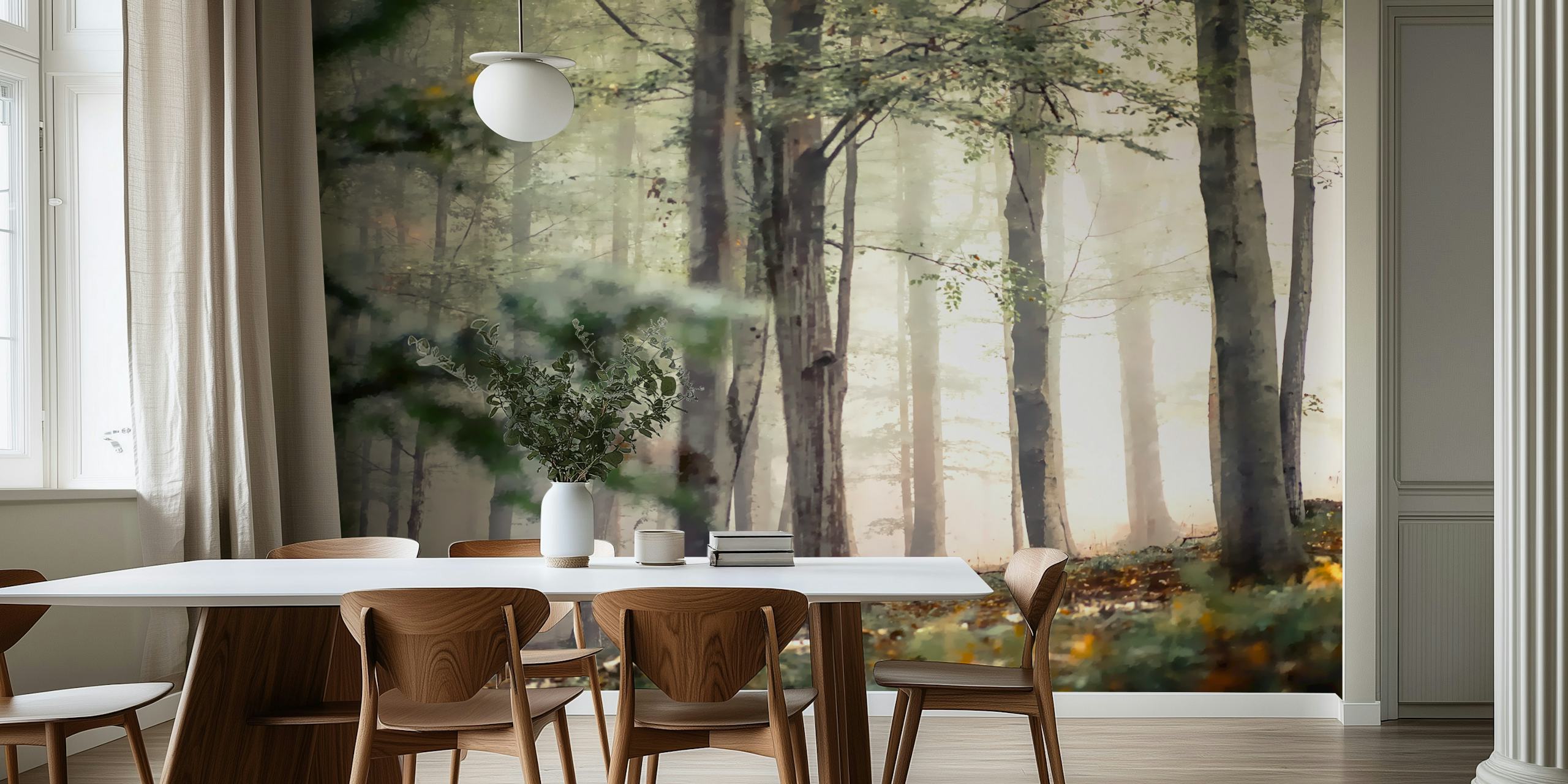 Fotomural vinílico de floresta enevoada com luz solar manchada filtrando pelas árvores