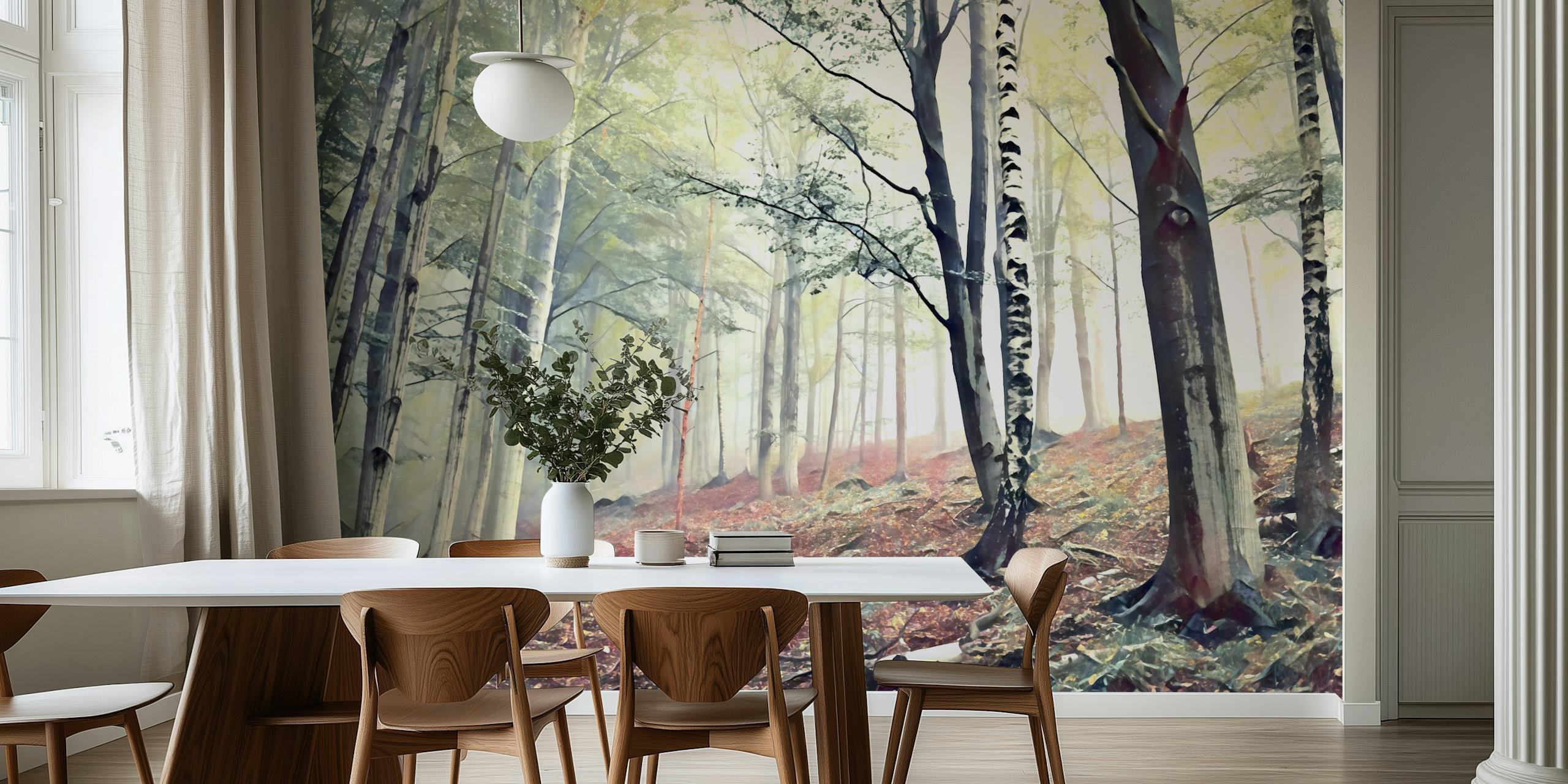 Tåget skovvægmaleri med blide nuancer og rolige skovstemninger