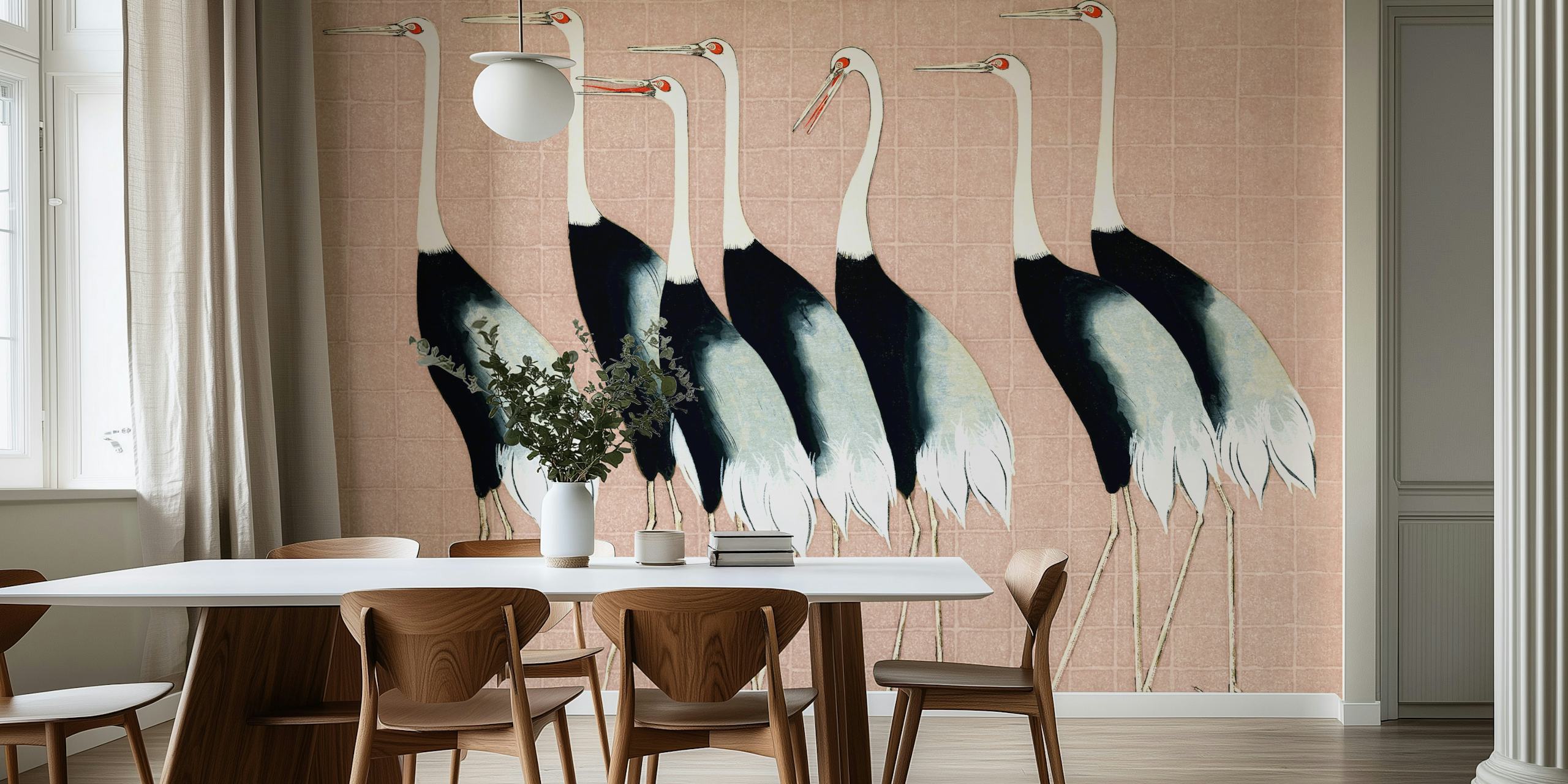 Japan cranes in black and white on beige pink wallpaper