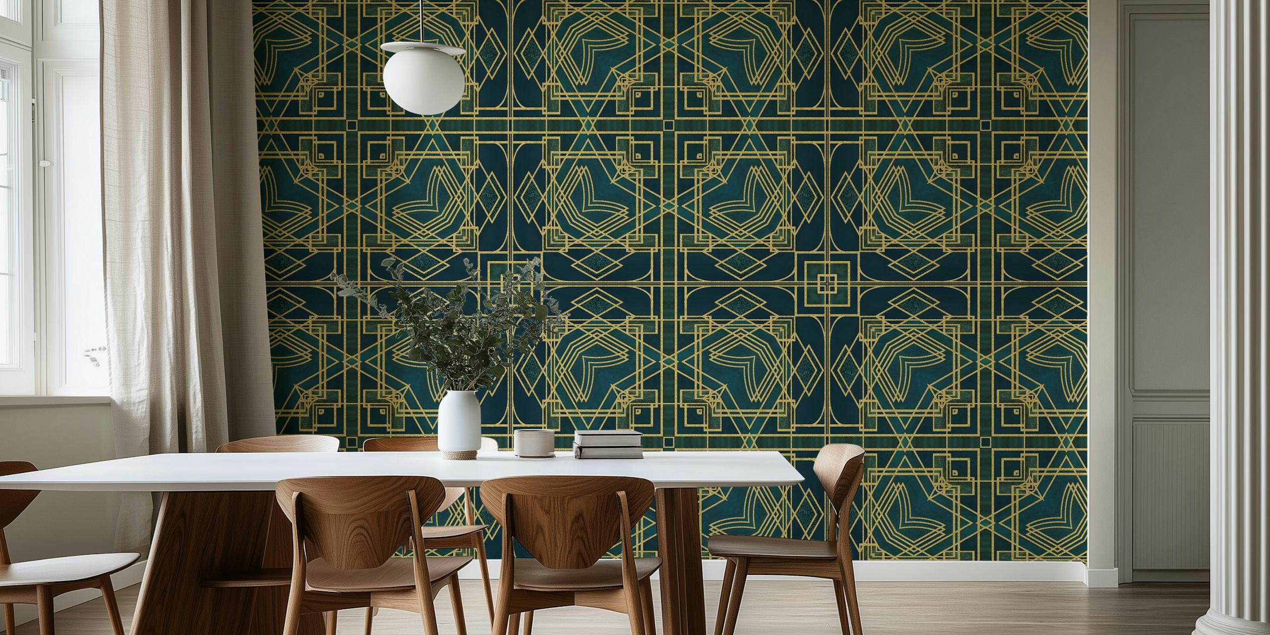 Tapeta Gold i Dark Green Art Deco przedstawiająca luksus ery Gatsby'ego