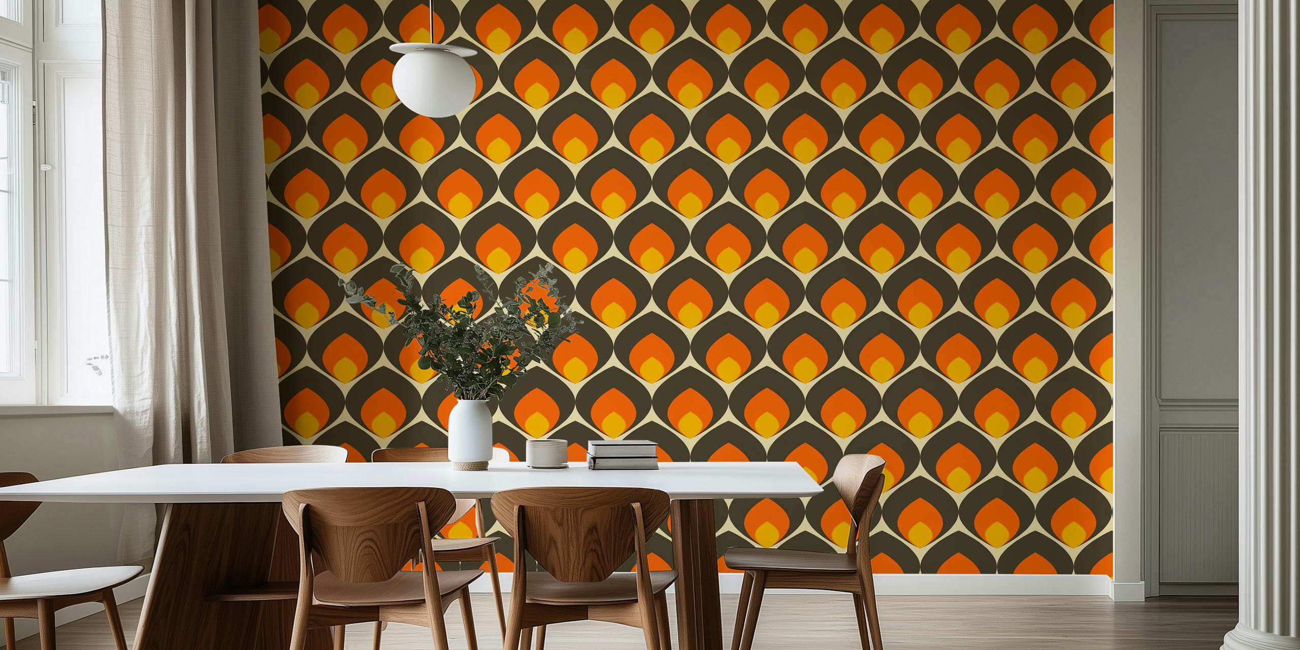 Teardrop patterns in orange, yellow, and brown on a black background wallpaper