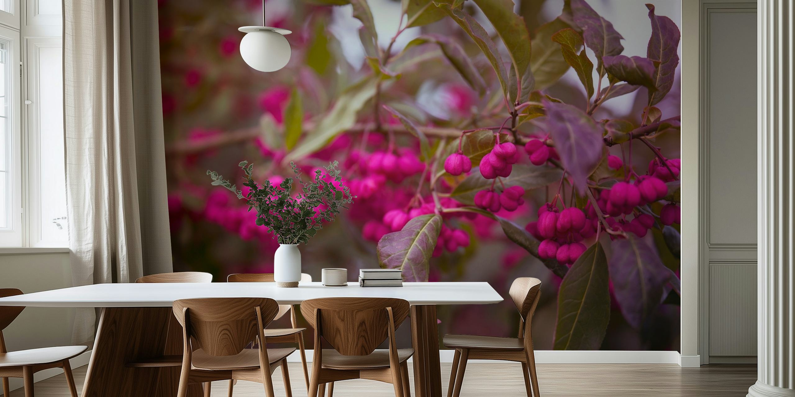Pink autumn berries with green leaves wallpaper