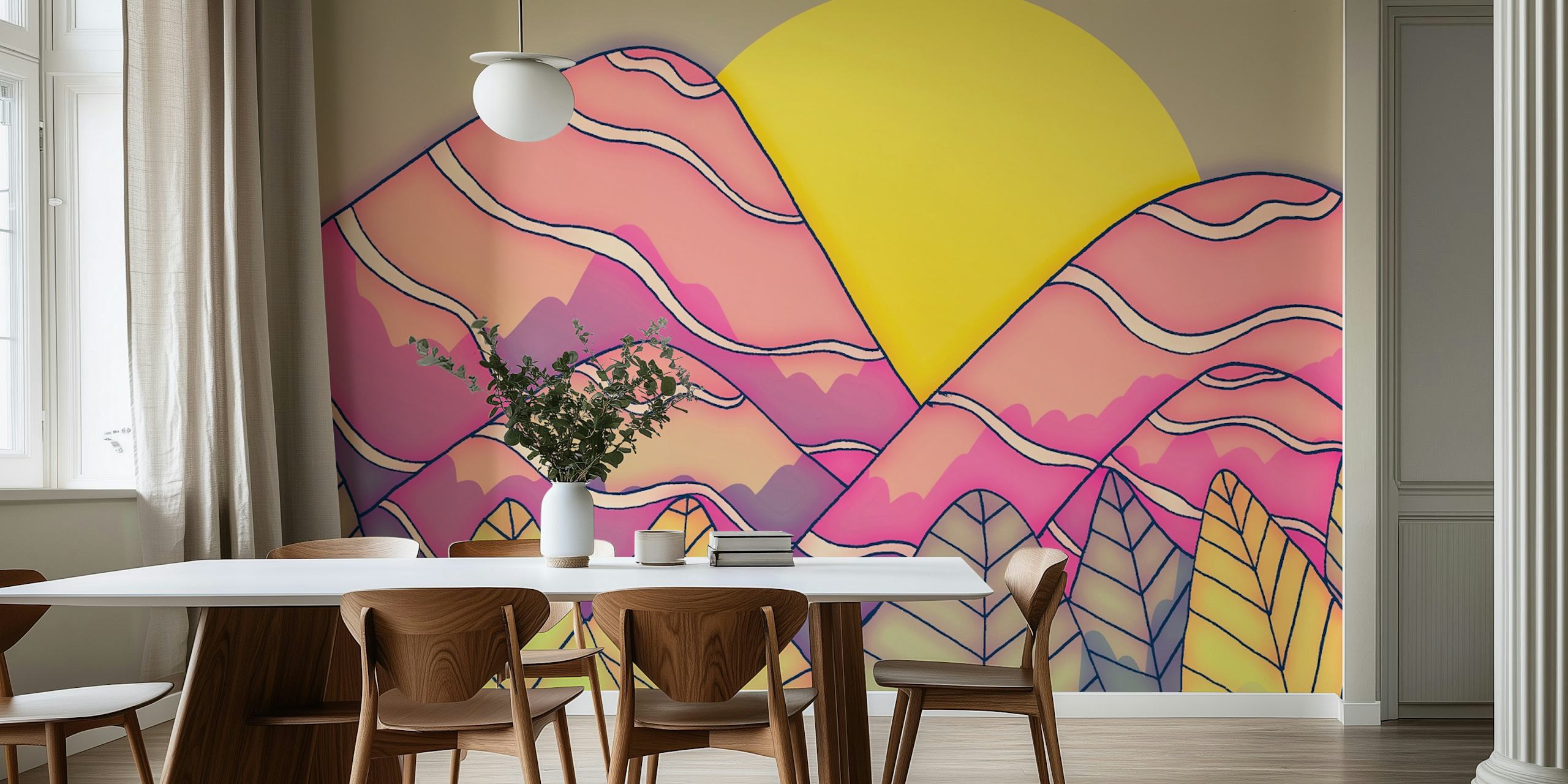 Tropical landscape design with pink mountains and yellow sun wallpaper