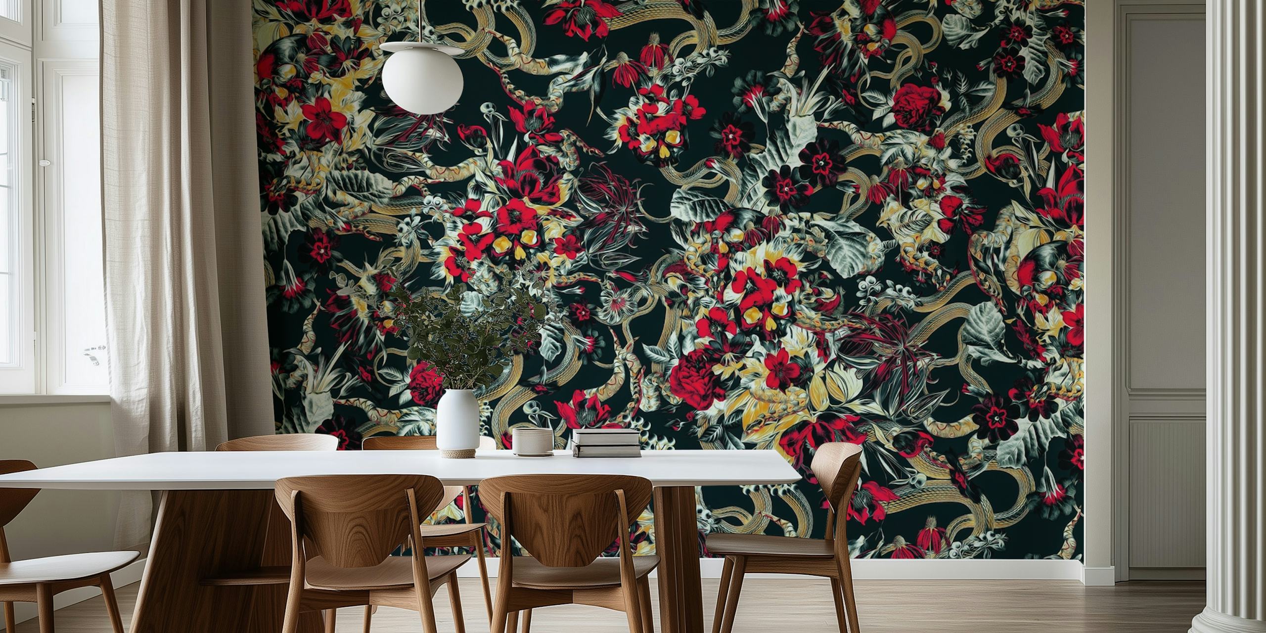 Skull and snakes with red flowers and gold accents wallpaper