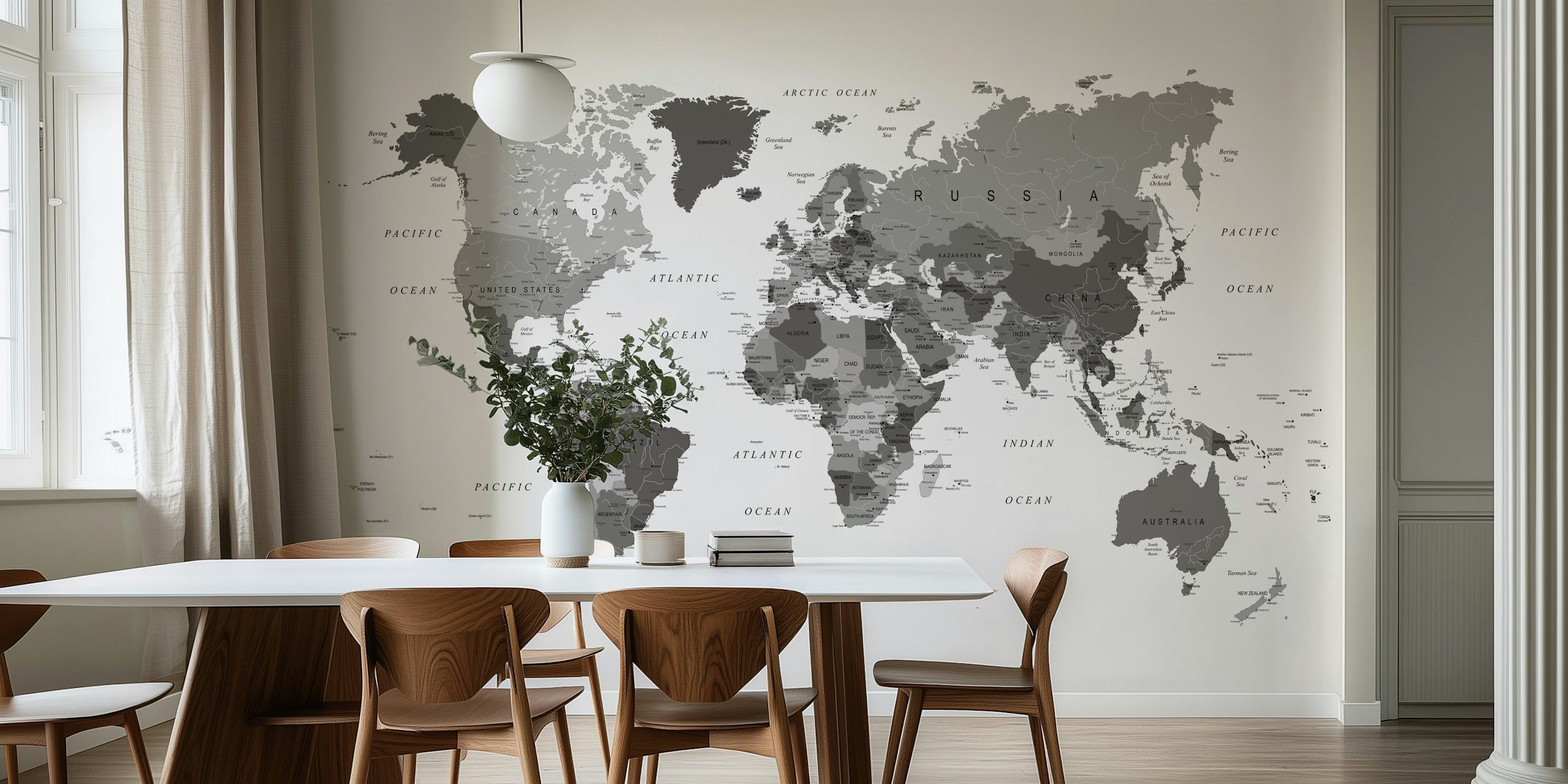 Sofistikoitunut Monochrome World Map tapetti, sisältäen maita, kaupunkeja ja meriä