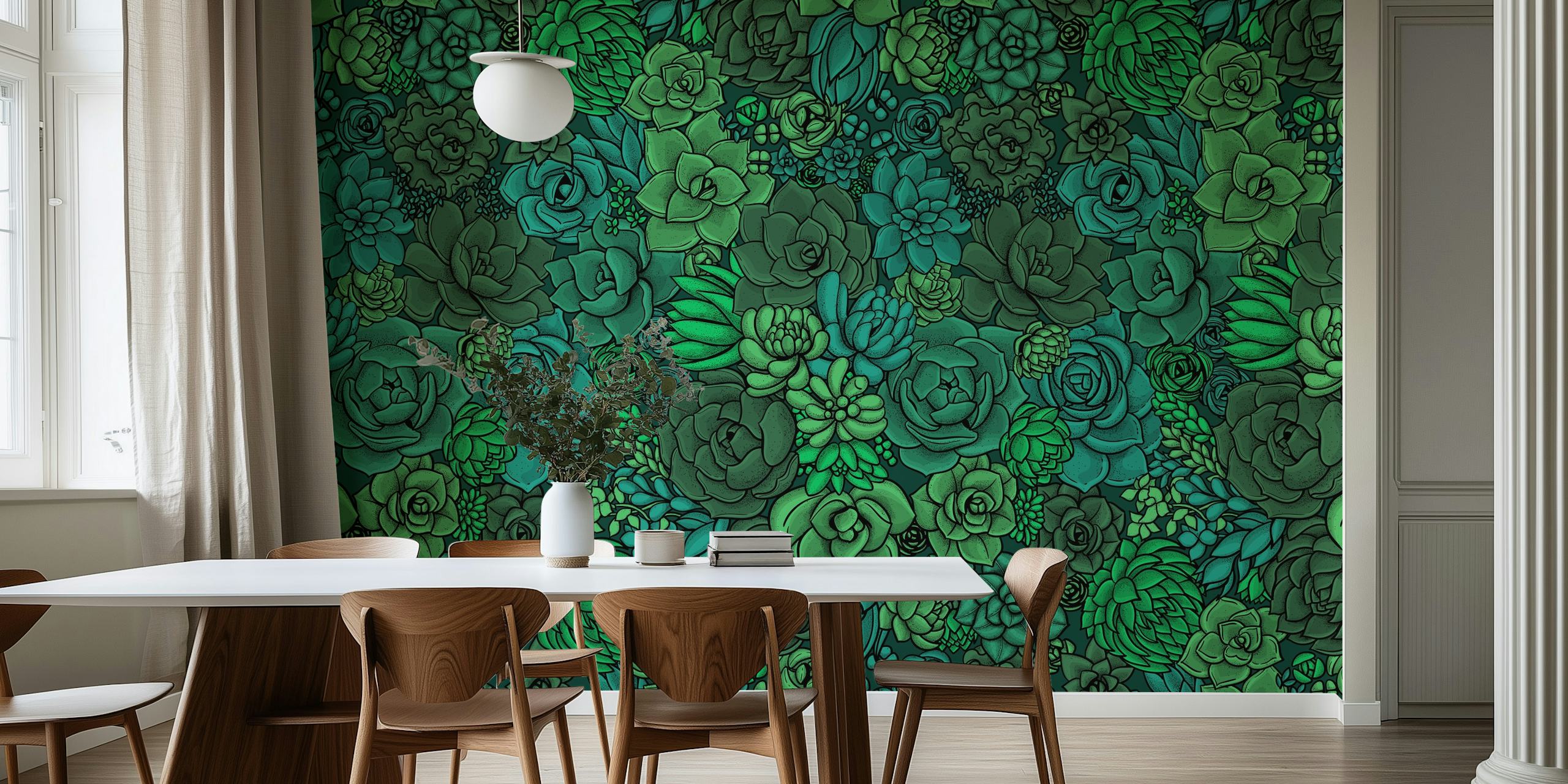 Various green succulents and plants illustration wallpaper