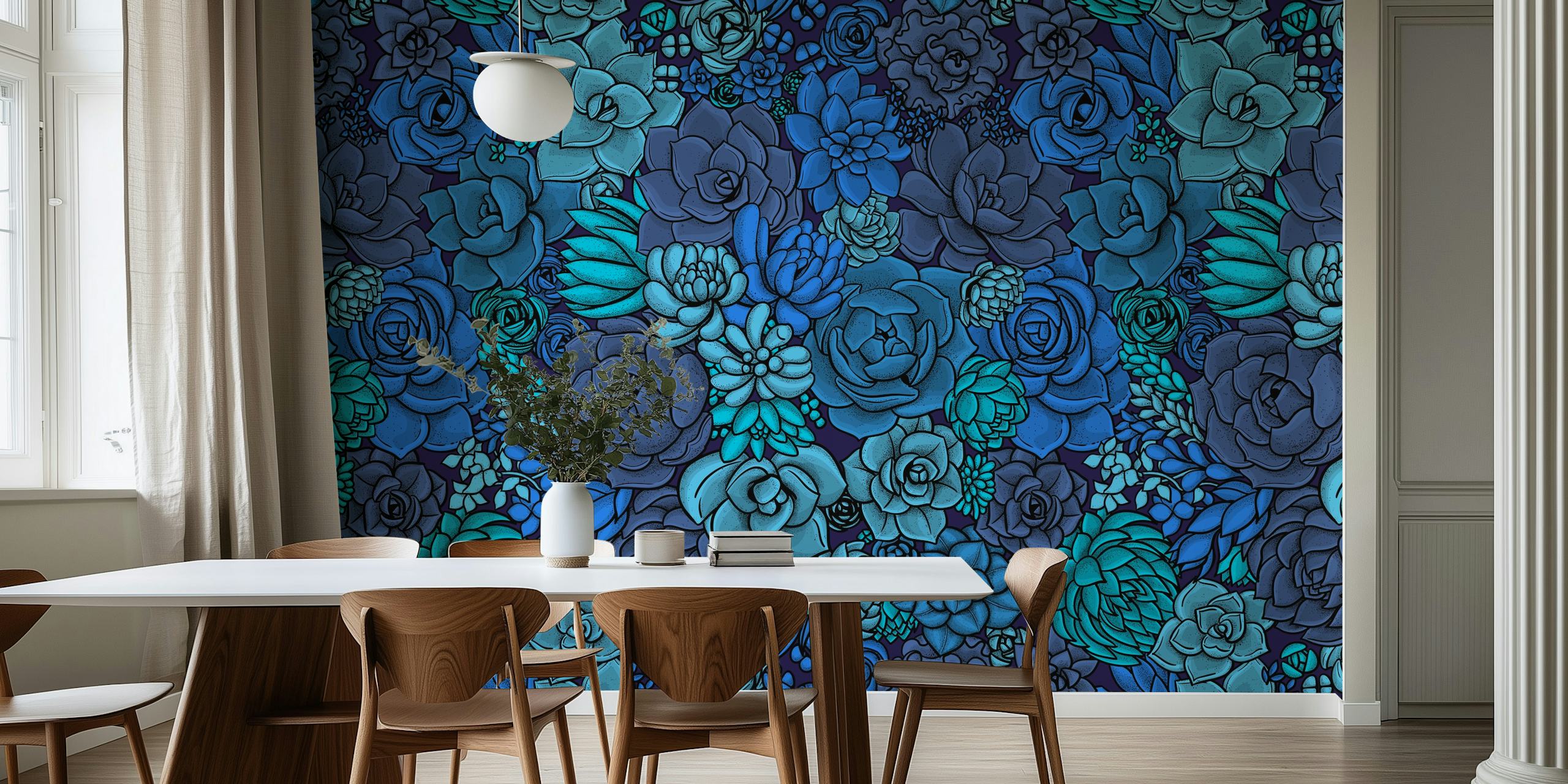 Succulent garden wallpaper in blue tones