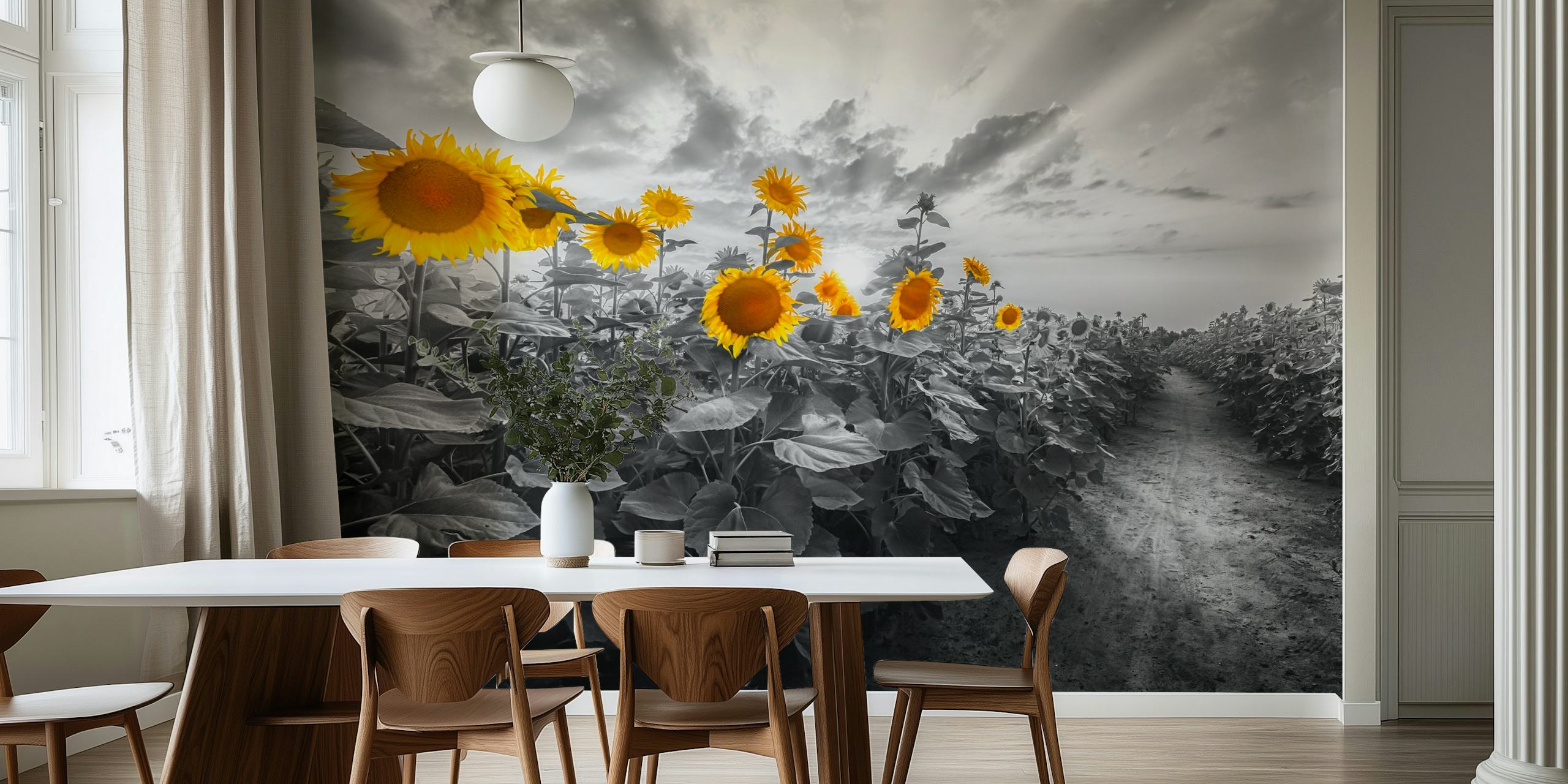Yellow sunflowers on a gray pathway wallpaper