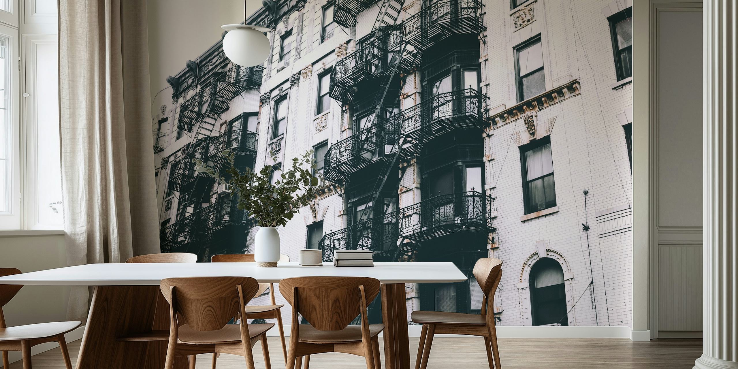 Buildings with fire escapes in black and white wallpaper