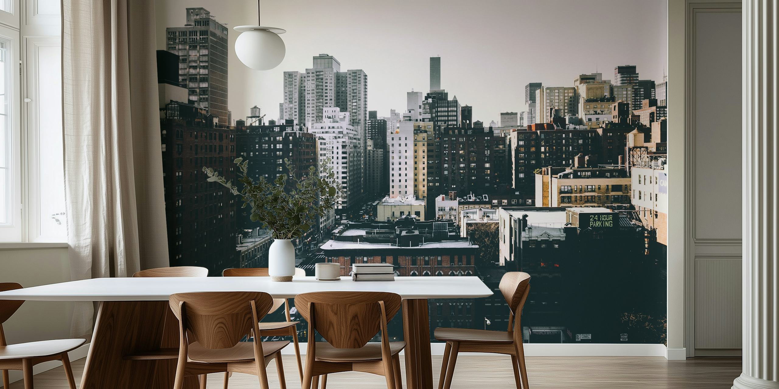 Cityscape of buildings in muted tones wallpaper