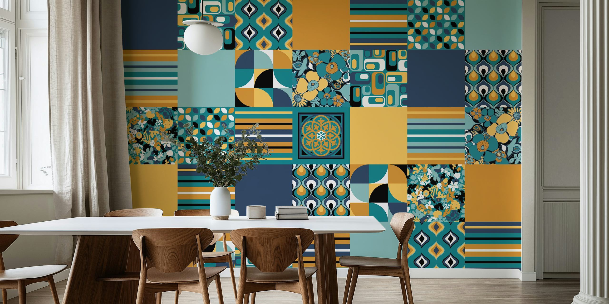 Colorful retro patchwork wallpaper in blue, teal, yellow, and floral designs
