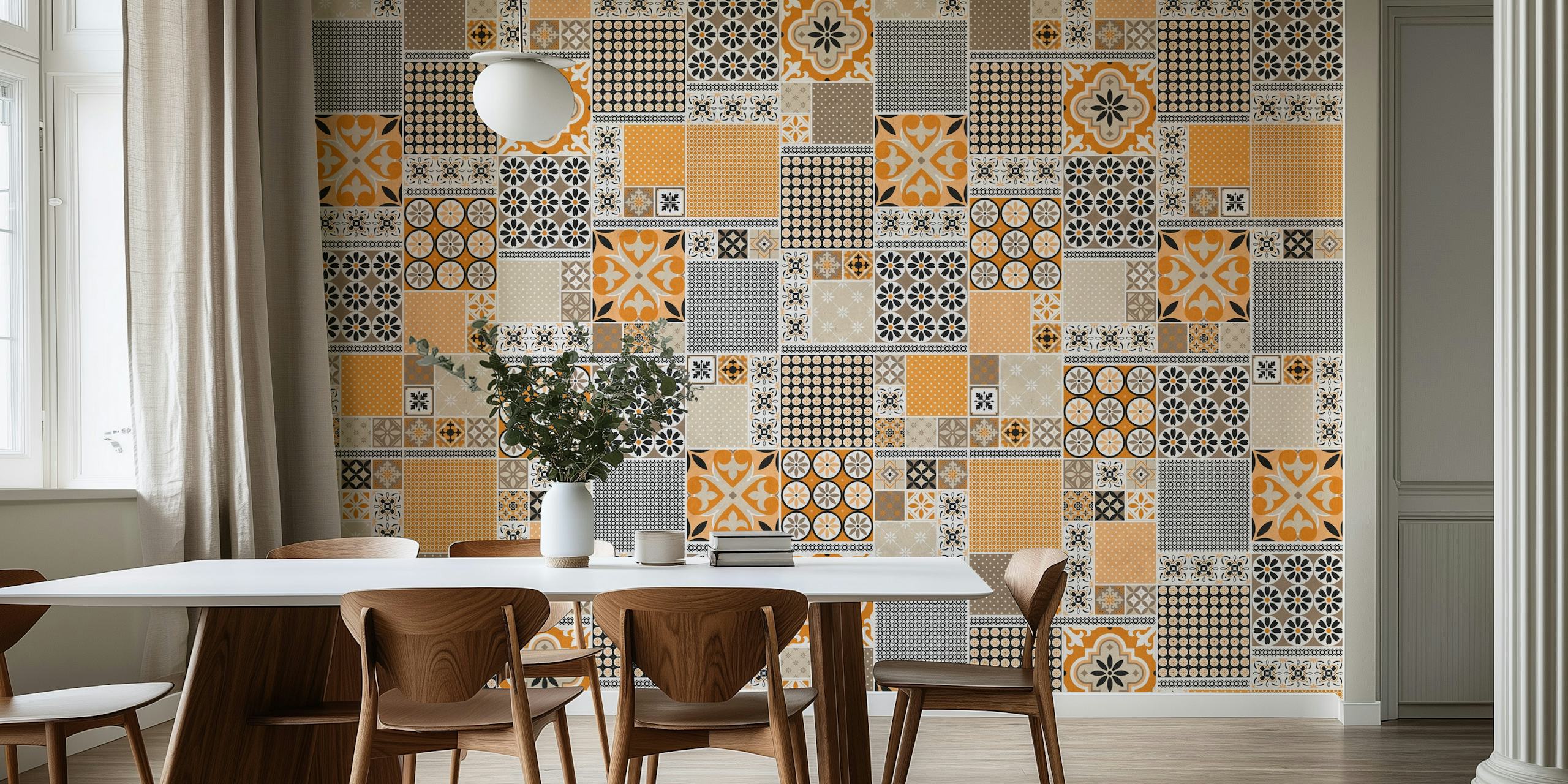 Mural de parede Alhambra Tiles Orange Beige com padrões intrincados