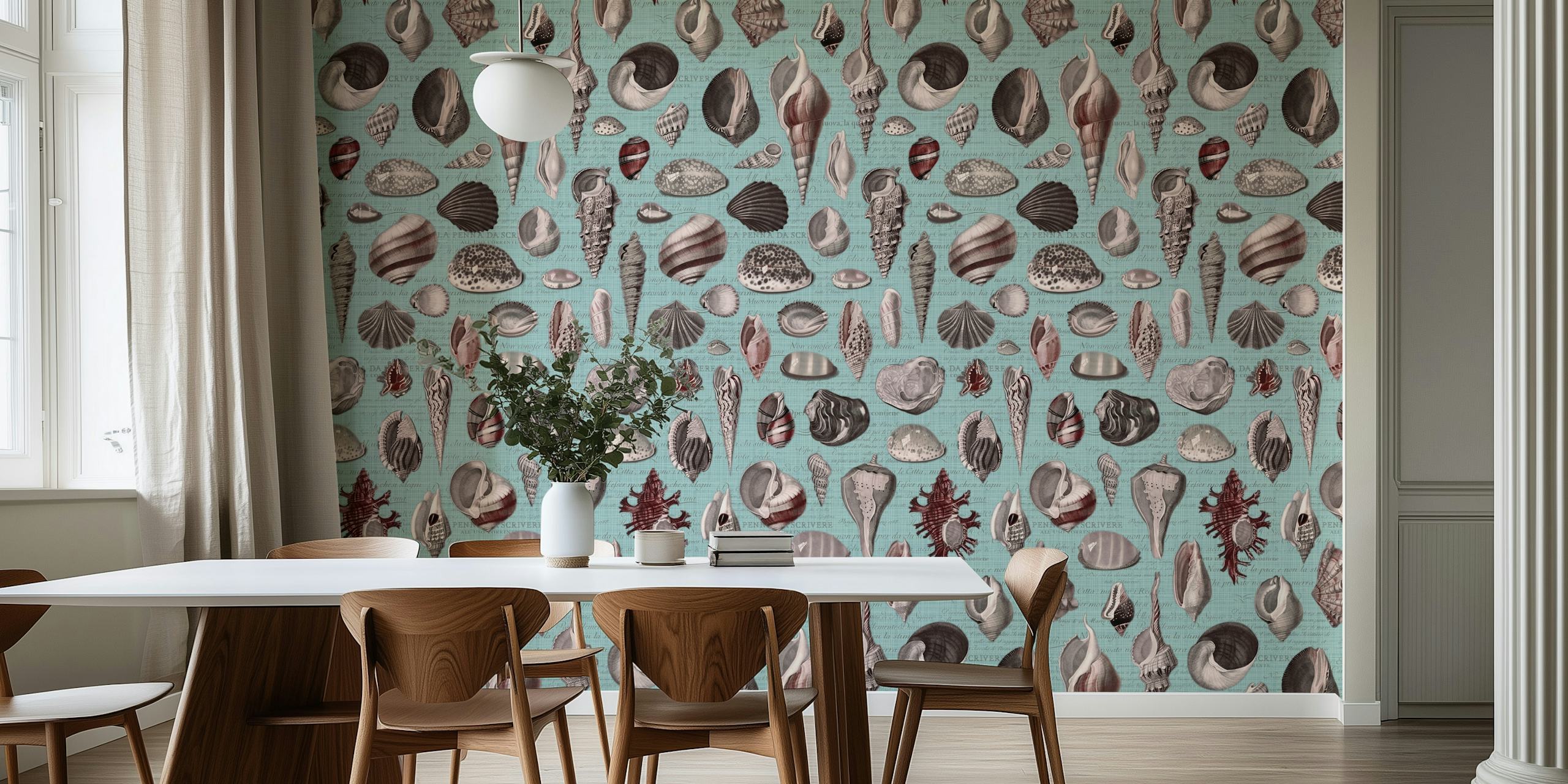 Nautical shell pattern in burgundy, grey, and aqua wallpaper
