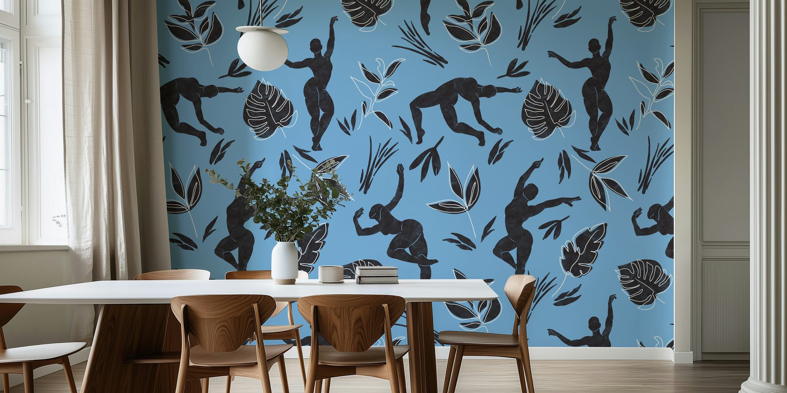 Black silhouettes of dancing figures amidst white leaves on blue wallpaper.