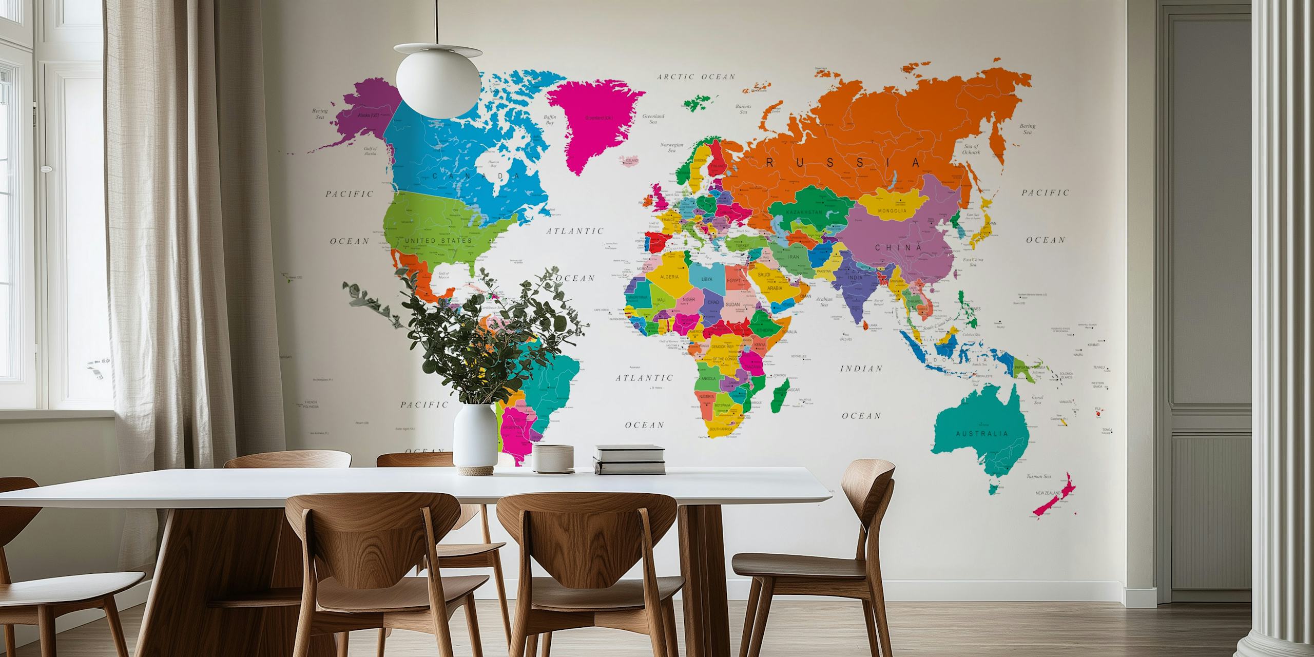 Vibrant colored world map wallpaper for classrooms and kids' rooms