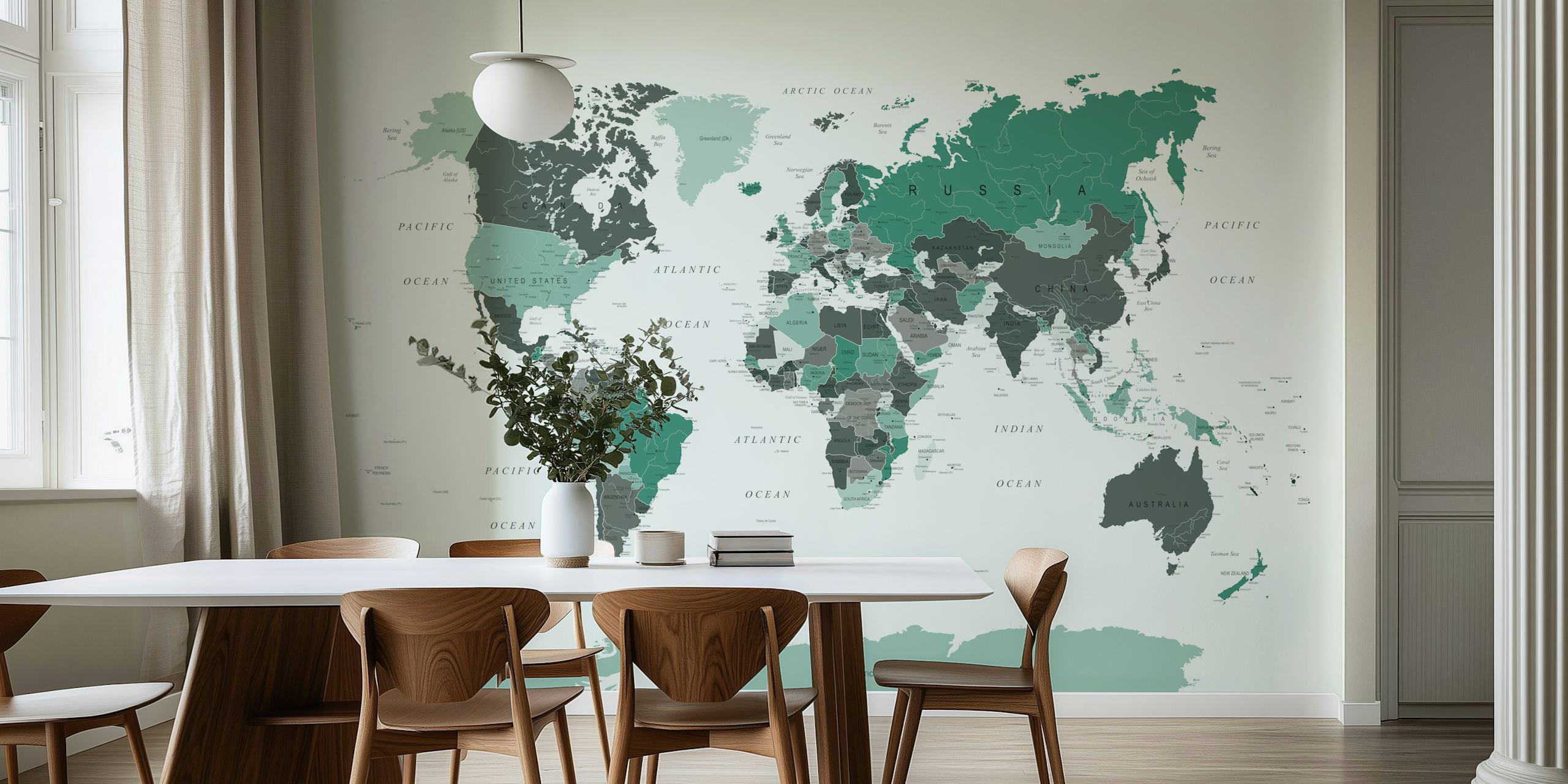 World Map Hunter Green wallpaper in a room