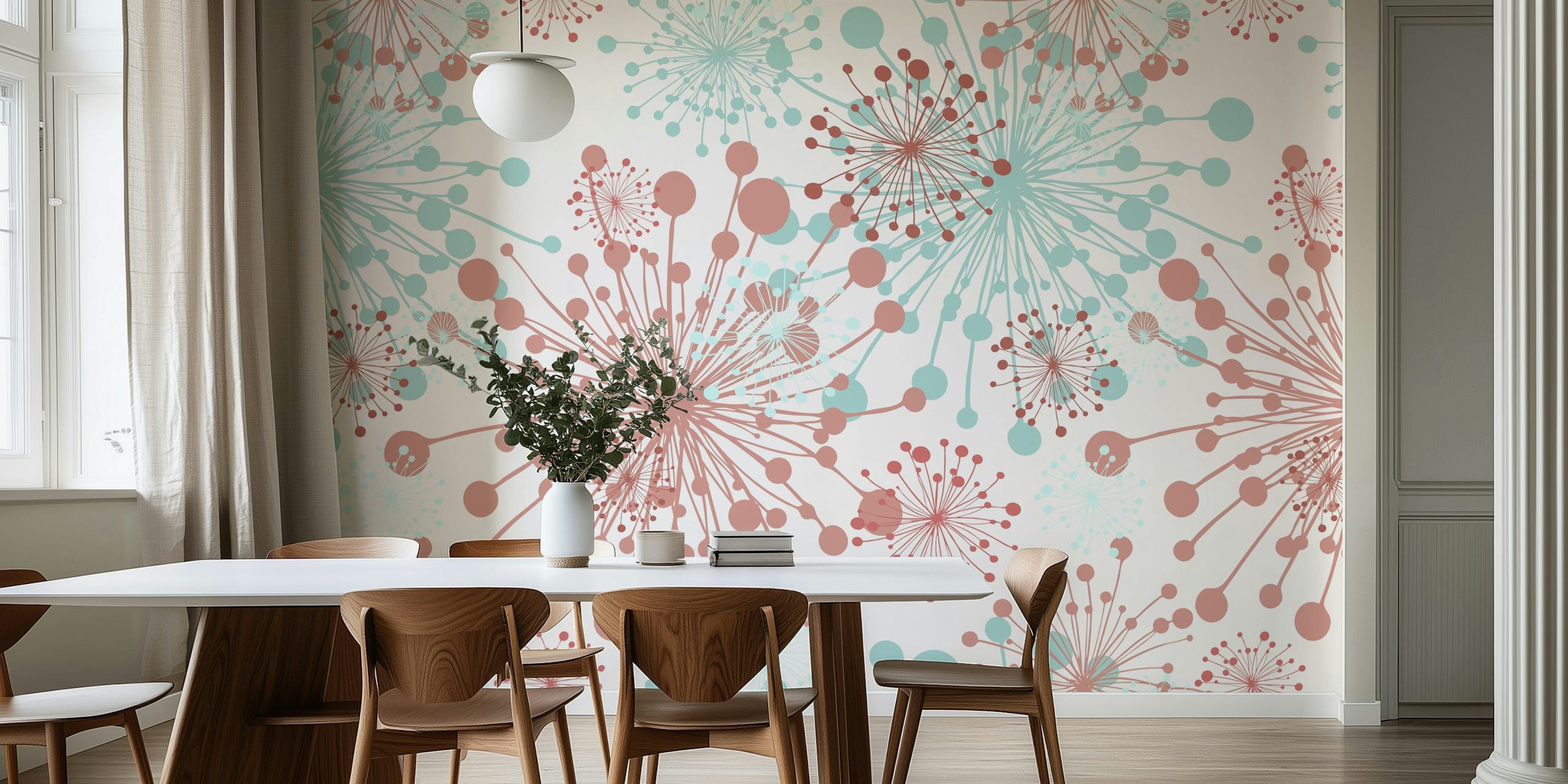 White wallpaper with mint and blush dandelion pattern