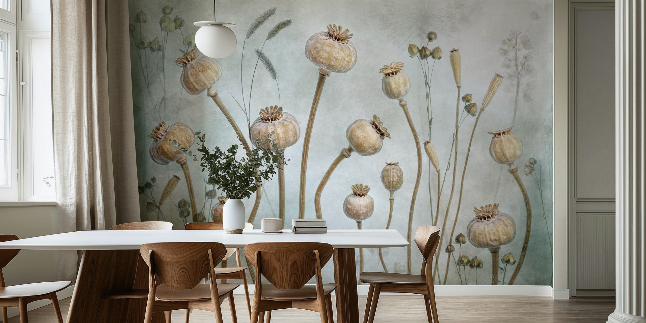 Floral poppy wallpaper in beige and green tones